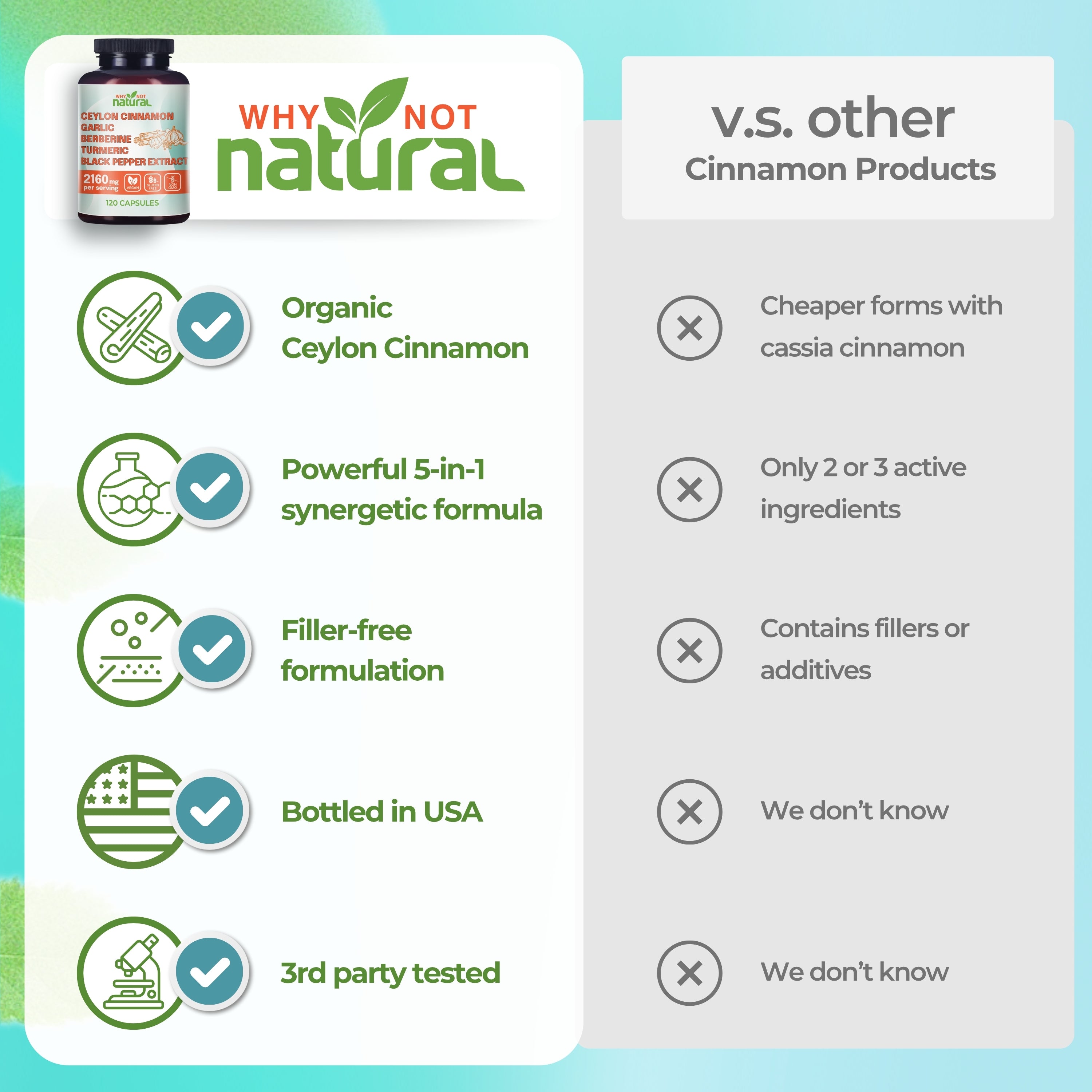 Comparison chart between 'Why Not Natural' cinnamon product and other cinnamon products on a blue and green gradient background.
