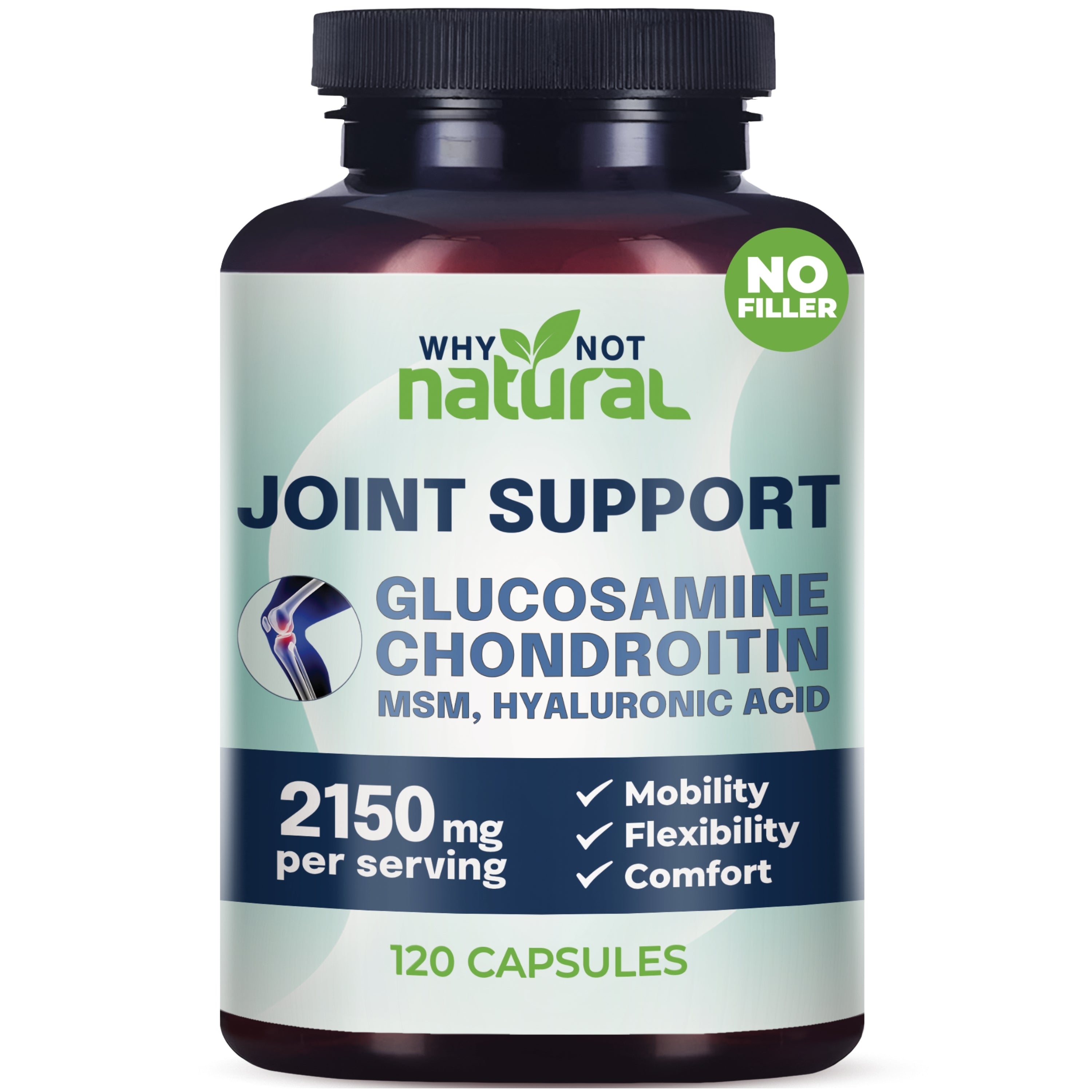 Bottle of 'Why Not Natural' joint support supplement on a white background