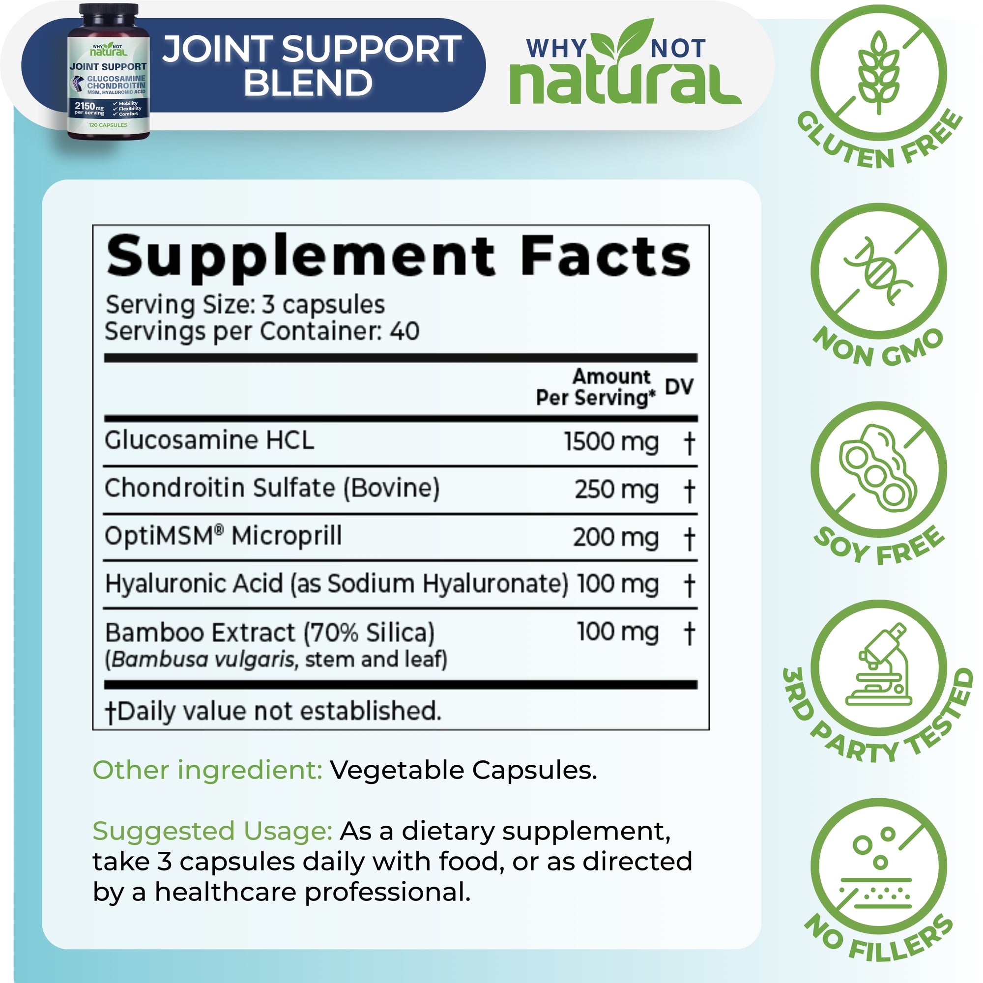 Supplement facts label for a joint support blend with visible branding and certification icons.