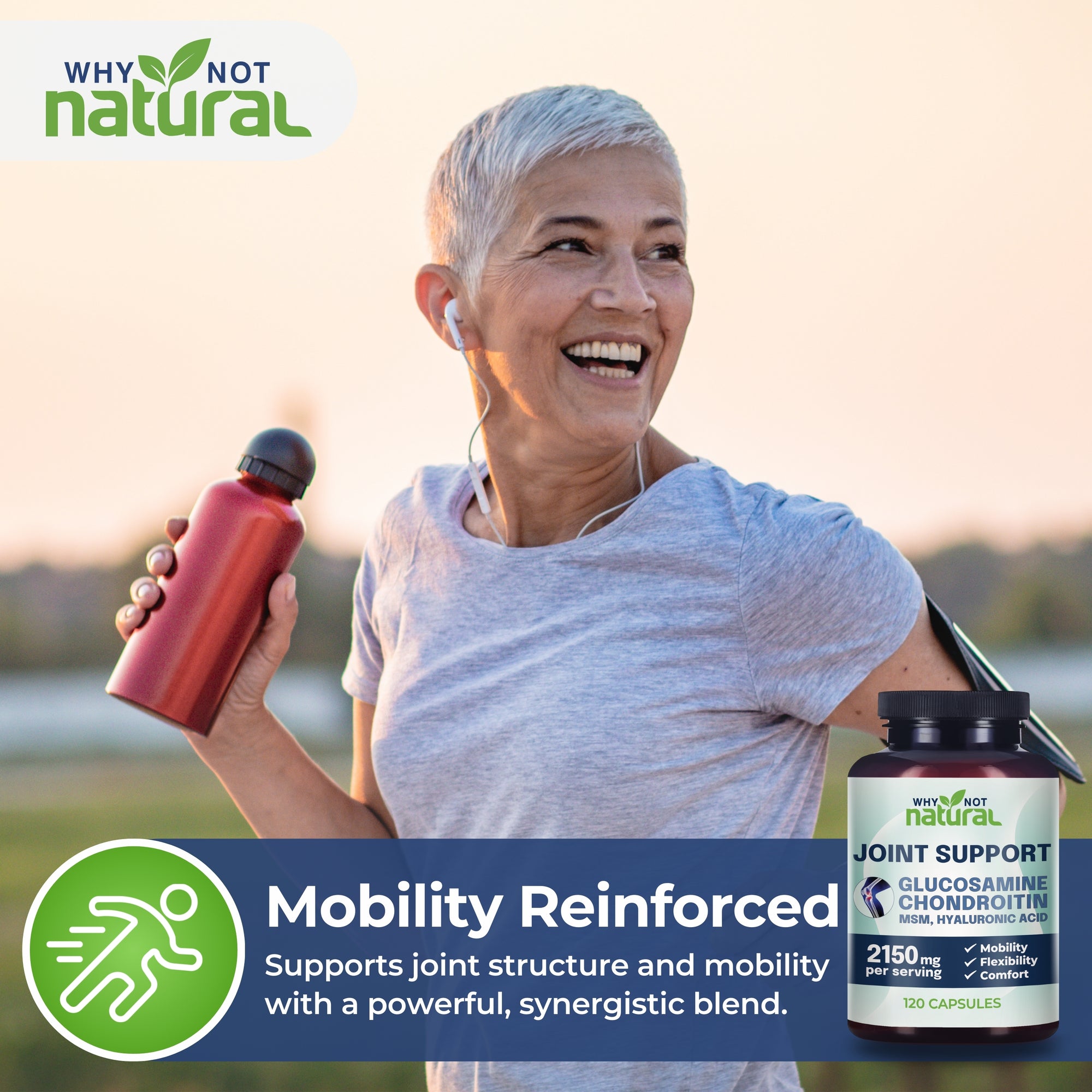 Woman exercising outdoors with a supplement bottle, featuring 'Why Not Natural' branding.