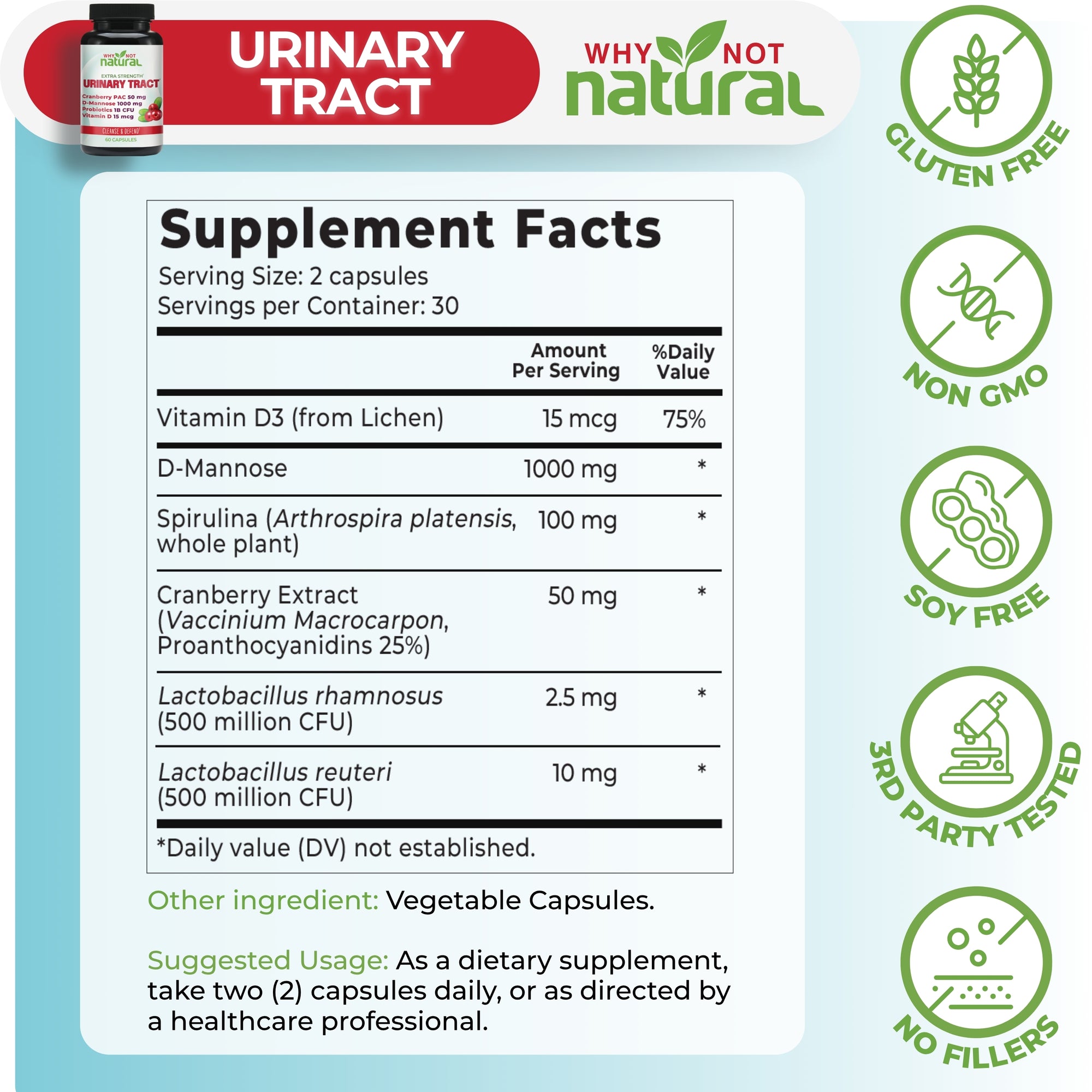 Supplement facts label for a dietary supplement with various health benefits indicated.