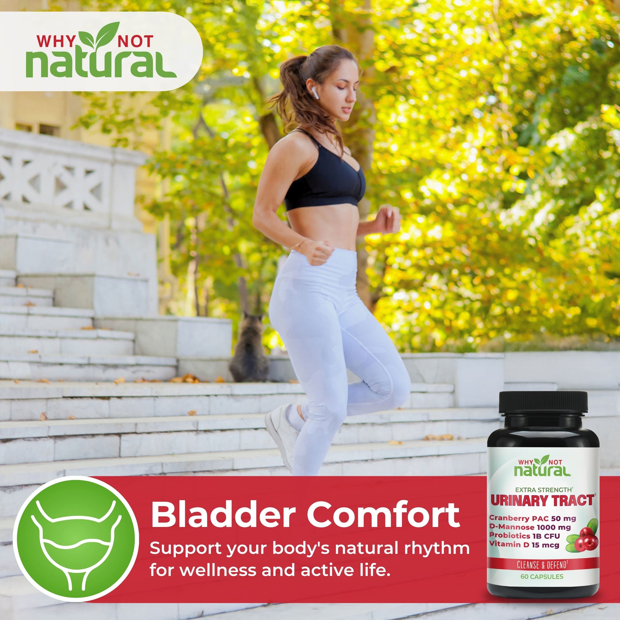 Woman exercising outdoors with a supplement bottle labeled 'Why Not Natural' on a red banner.