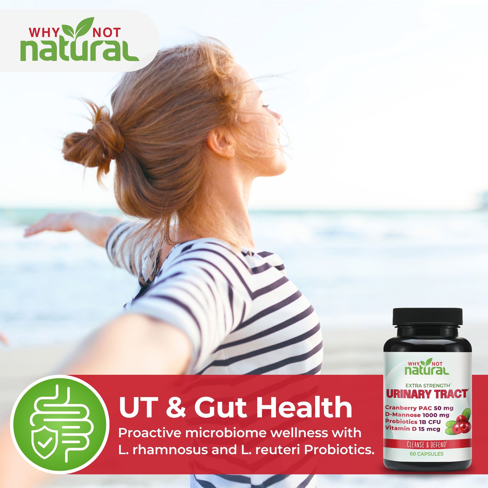 Woman with open arms and 'Why Not Natural' supplement bottle on a beach