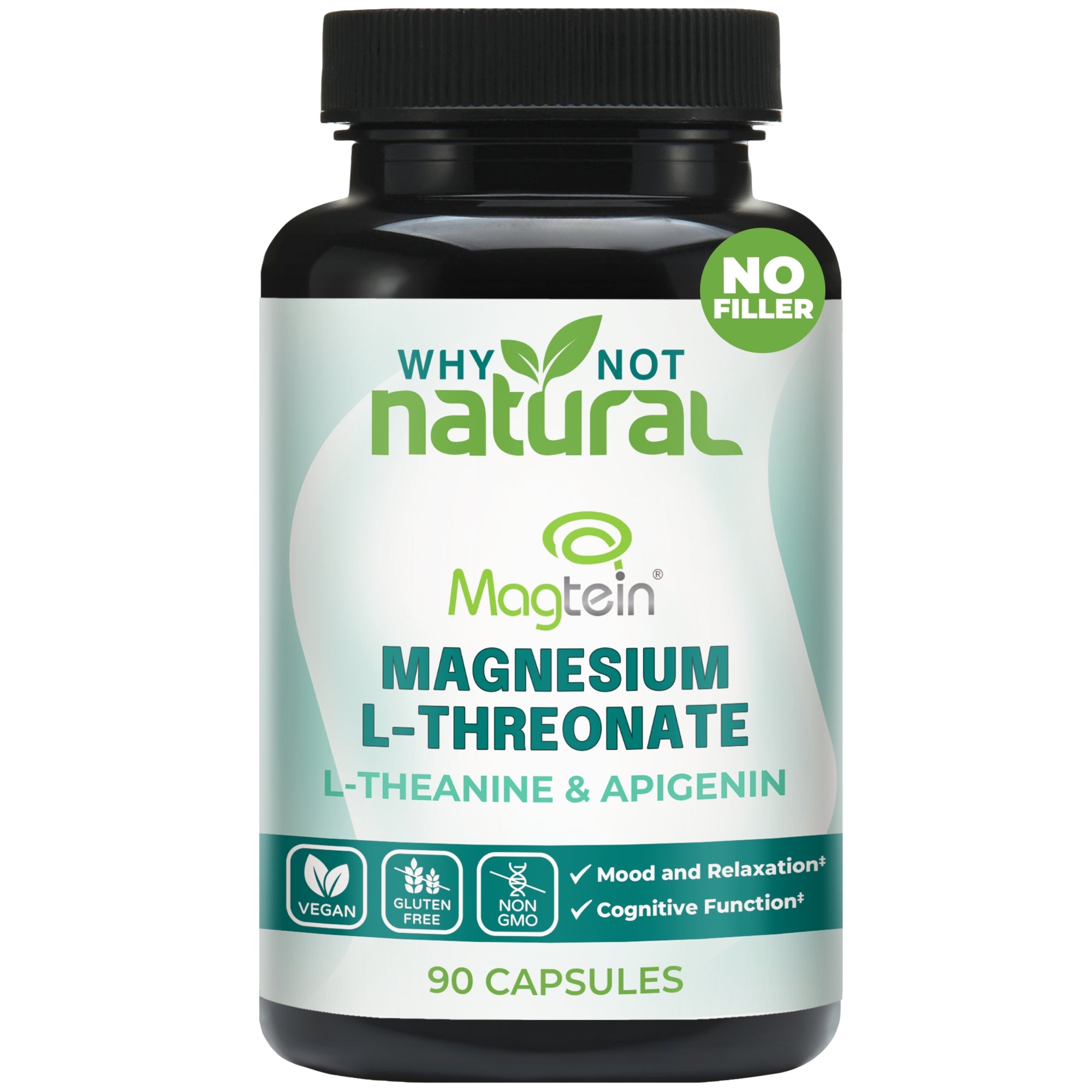 Bottle of Why Not Natural Magtein Magnesium L-Threonate supplement on a white background