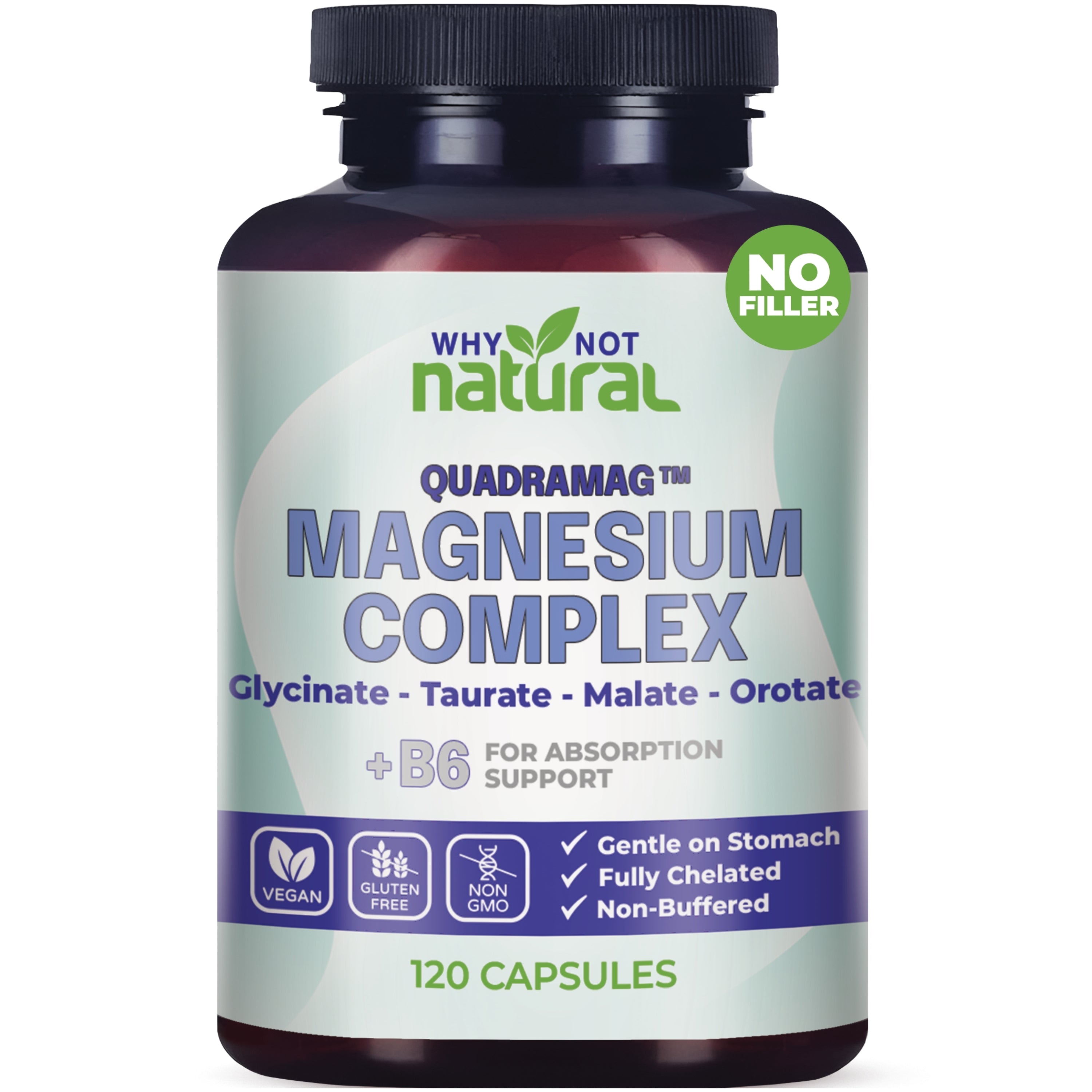 Bottle of Why Not Natural Magnesium Complex supplement on a white background