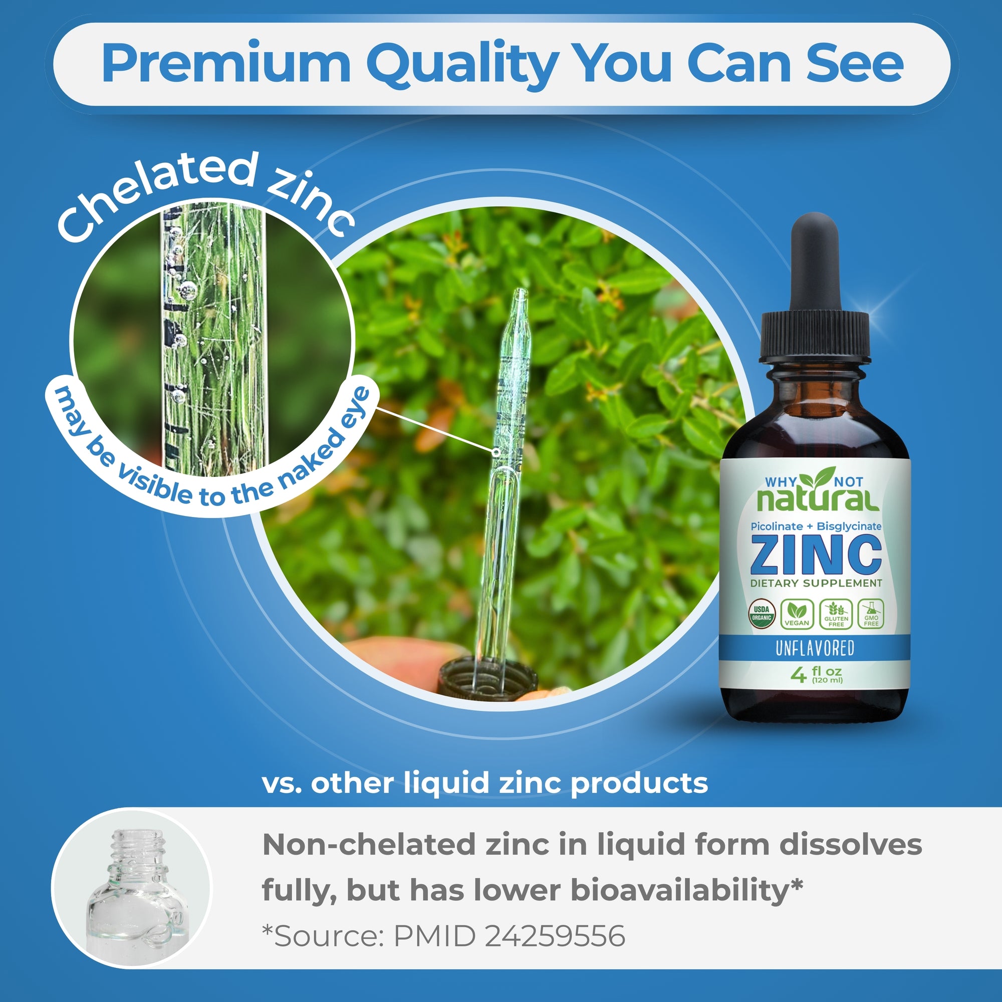 Bottle of Why Not Natural Zinc supplement with chelated zinc illustration and text on a blue background