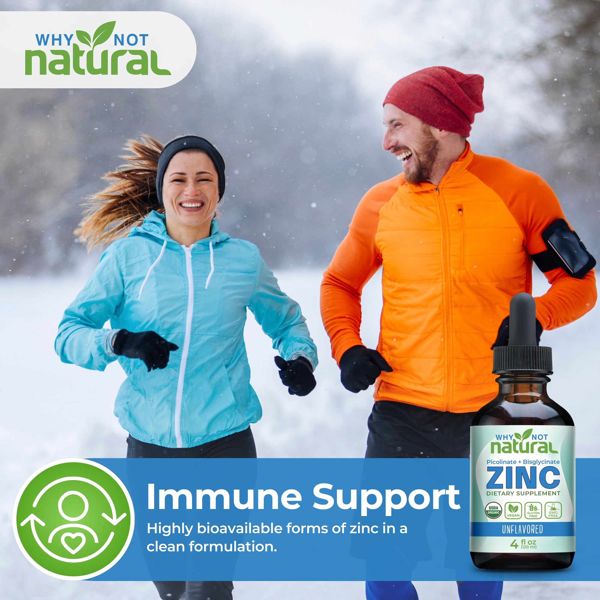 Two people running outdoors in winter with a bottle of Why Not Natural Zinc supplement.