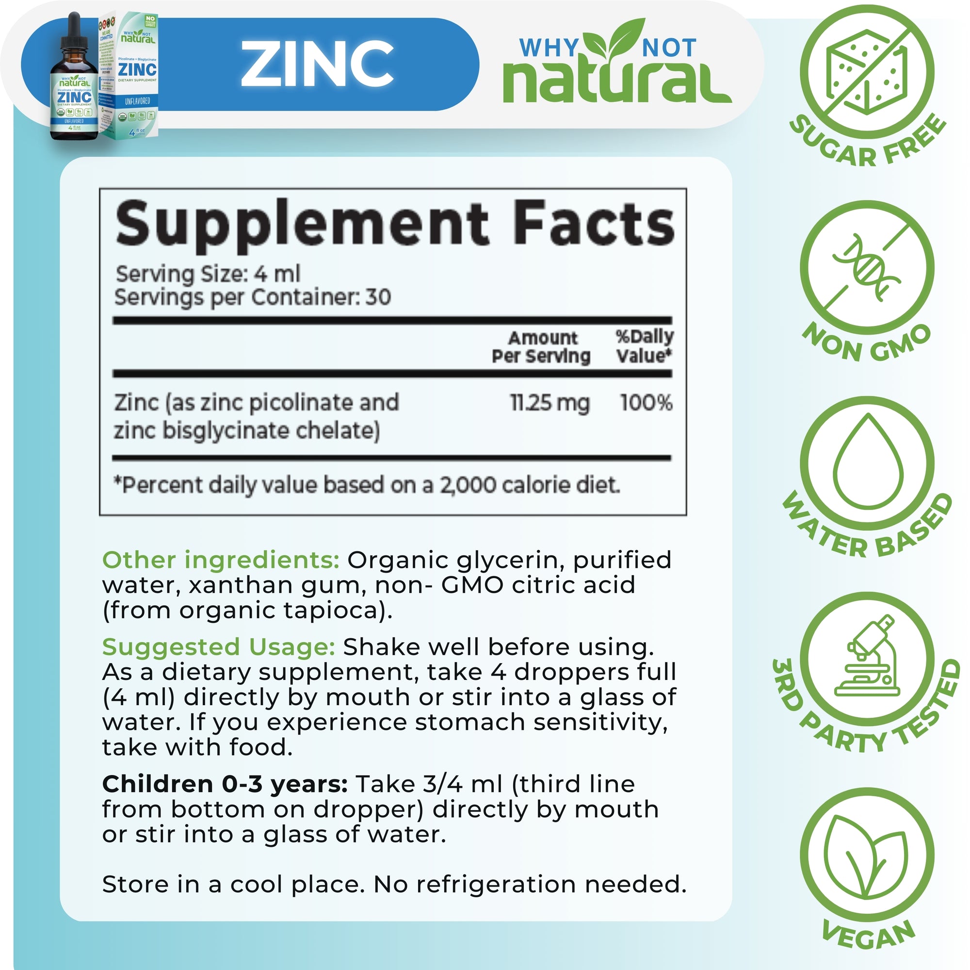 Supplement facts label for Zinc with 'Why Not Natural' branding on a blue background.