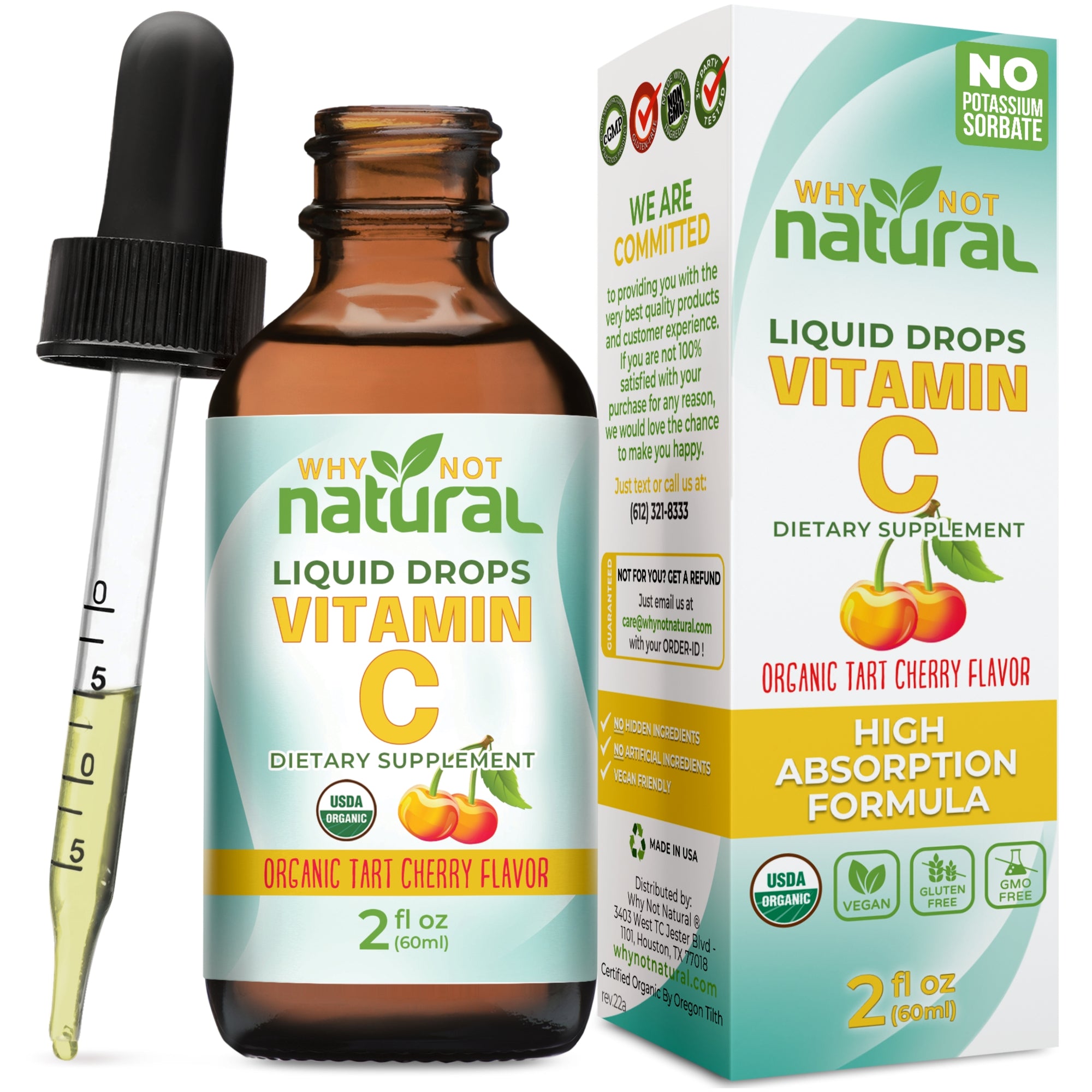 Why Not Natural Vitamin C liquid drops with dropper and packaging on a white background
