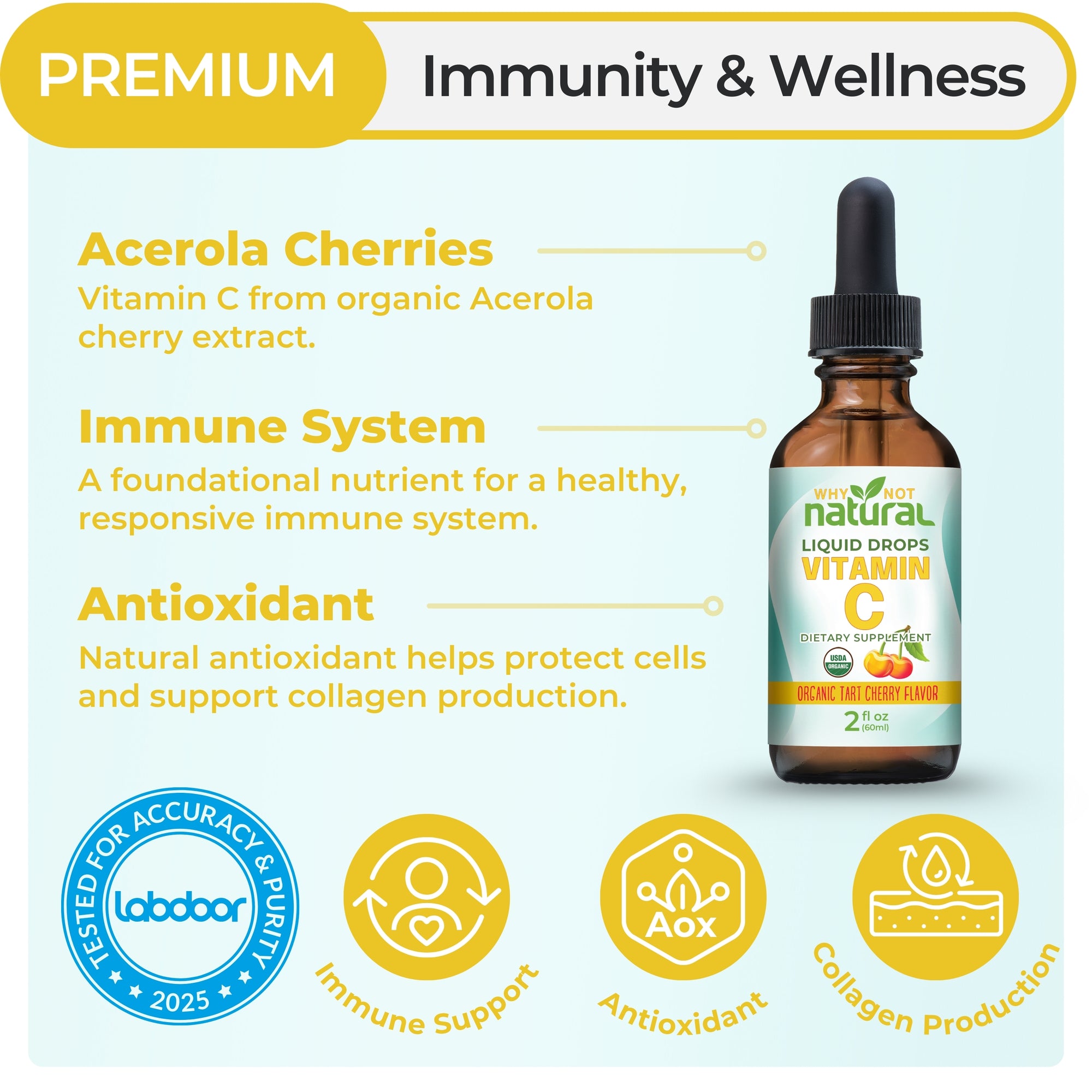 Vitamin C liquid drop bottle with Acerola Cherries, immune system, antioxidant benefits, and Labdoor accuracy badge on a light blue background.