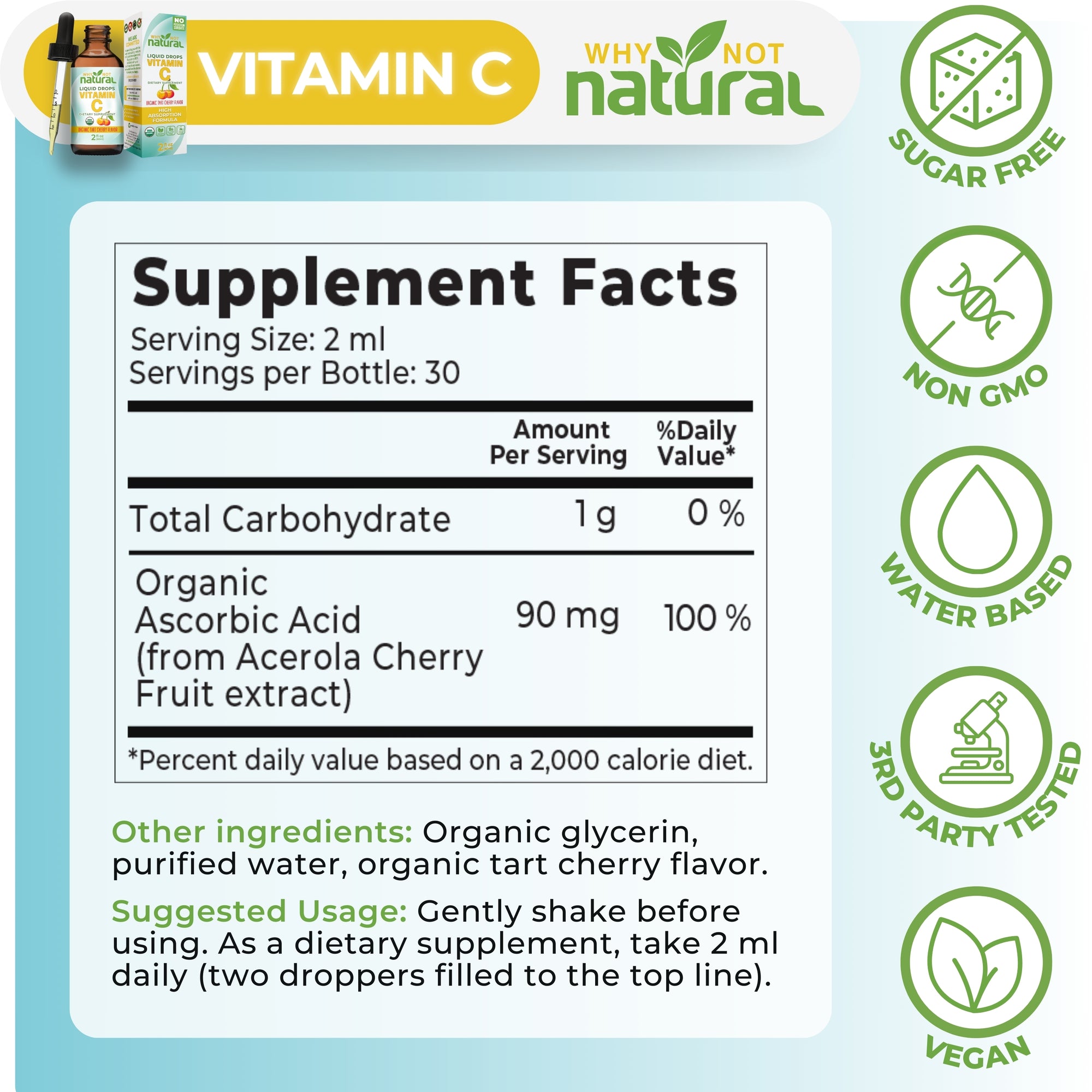 Supplement facts label for Vitamin C with 'Why Not Natural' branding on a light blue background.