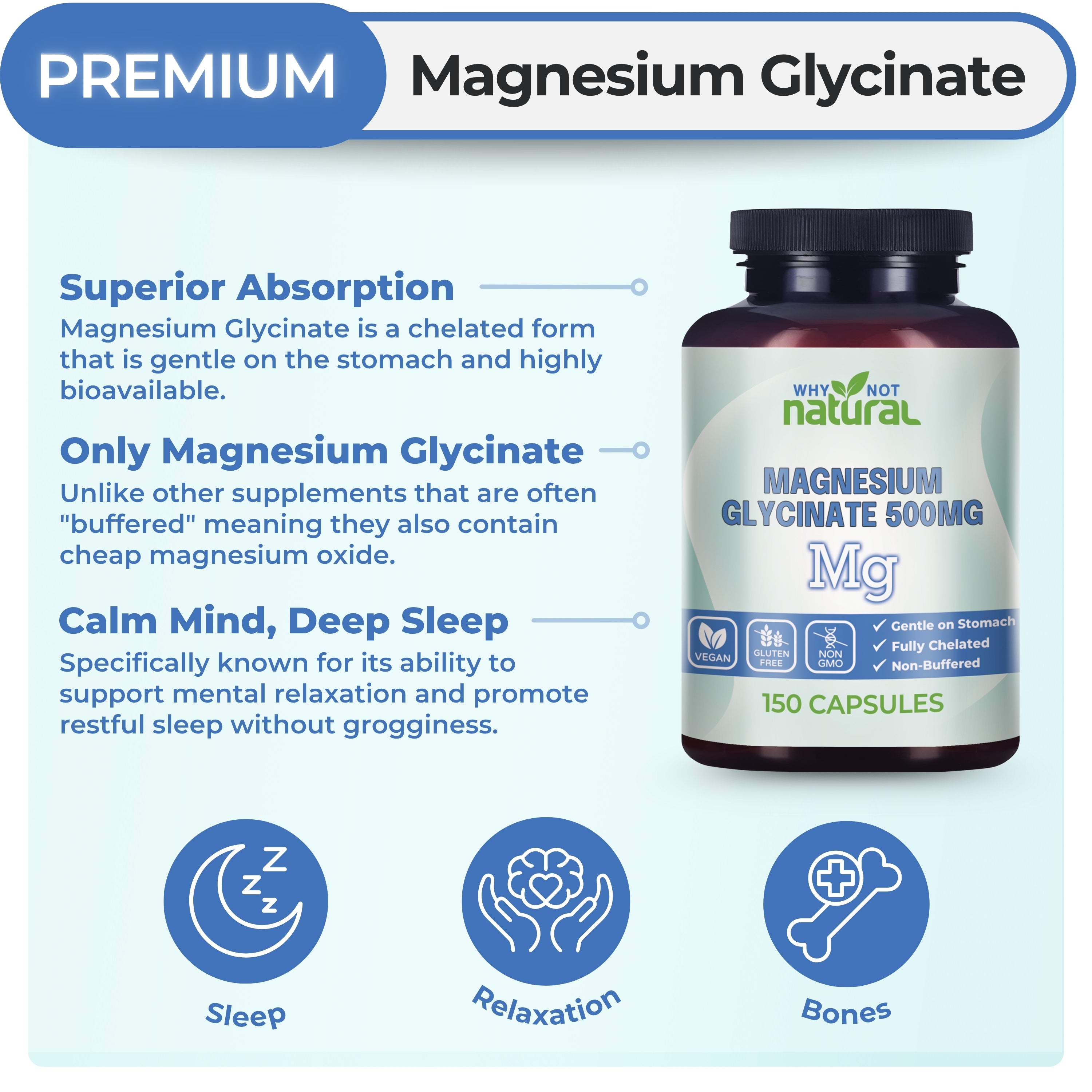 Bottle of magnesium glycinate capsules with product details on a light blue background