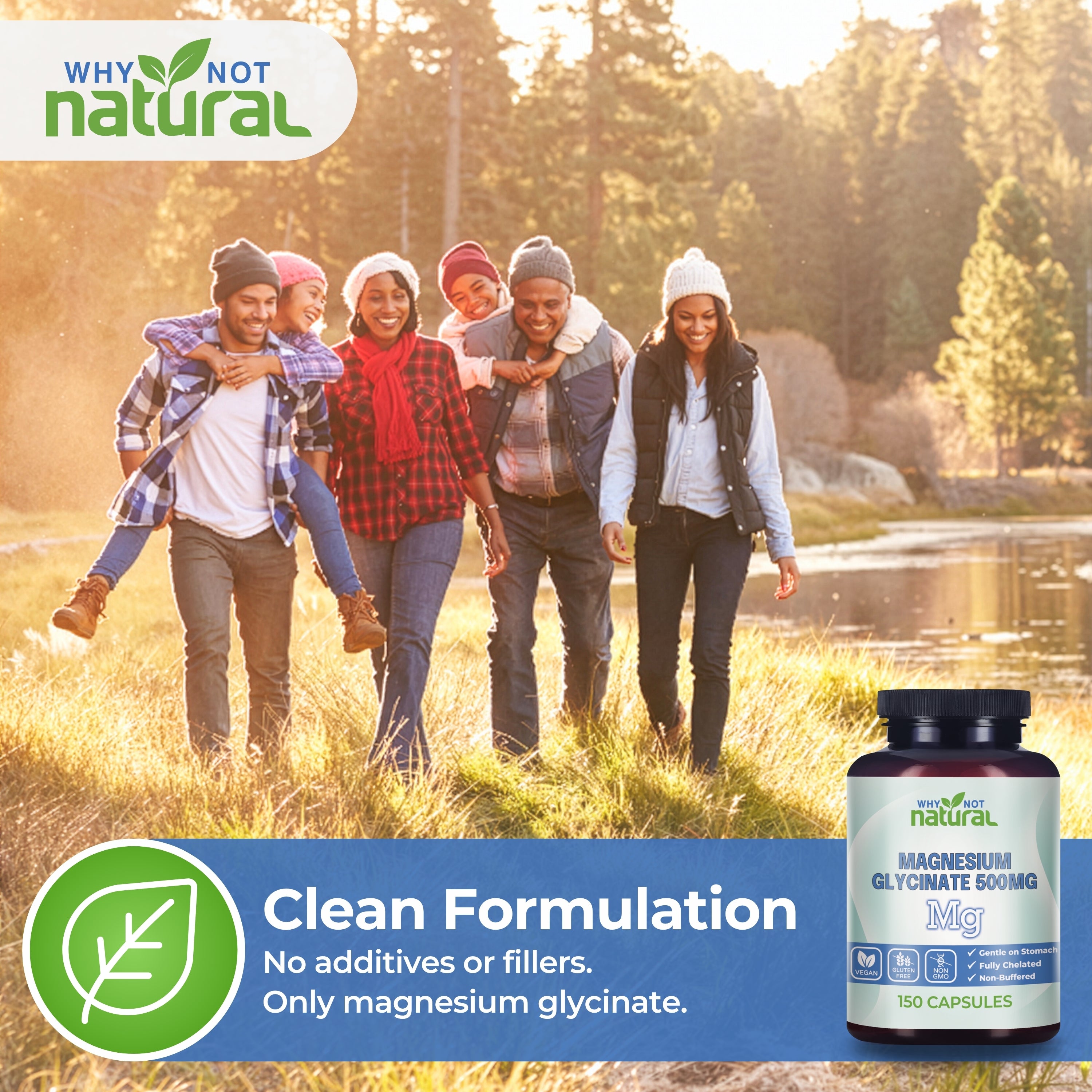 Group of people walking outdoors with a supplement bottle labeled 'Why Not Natural' in the foreground.