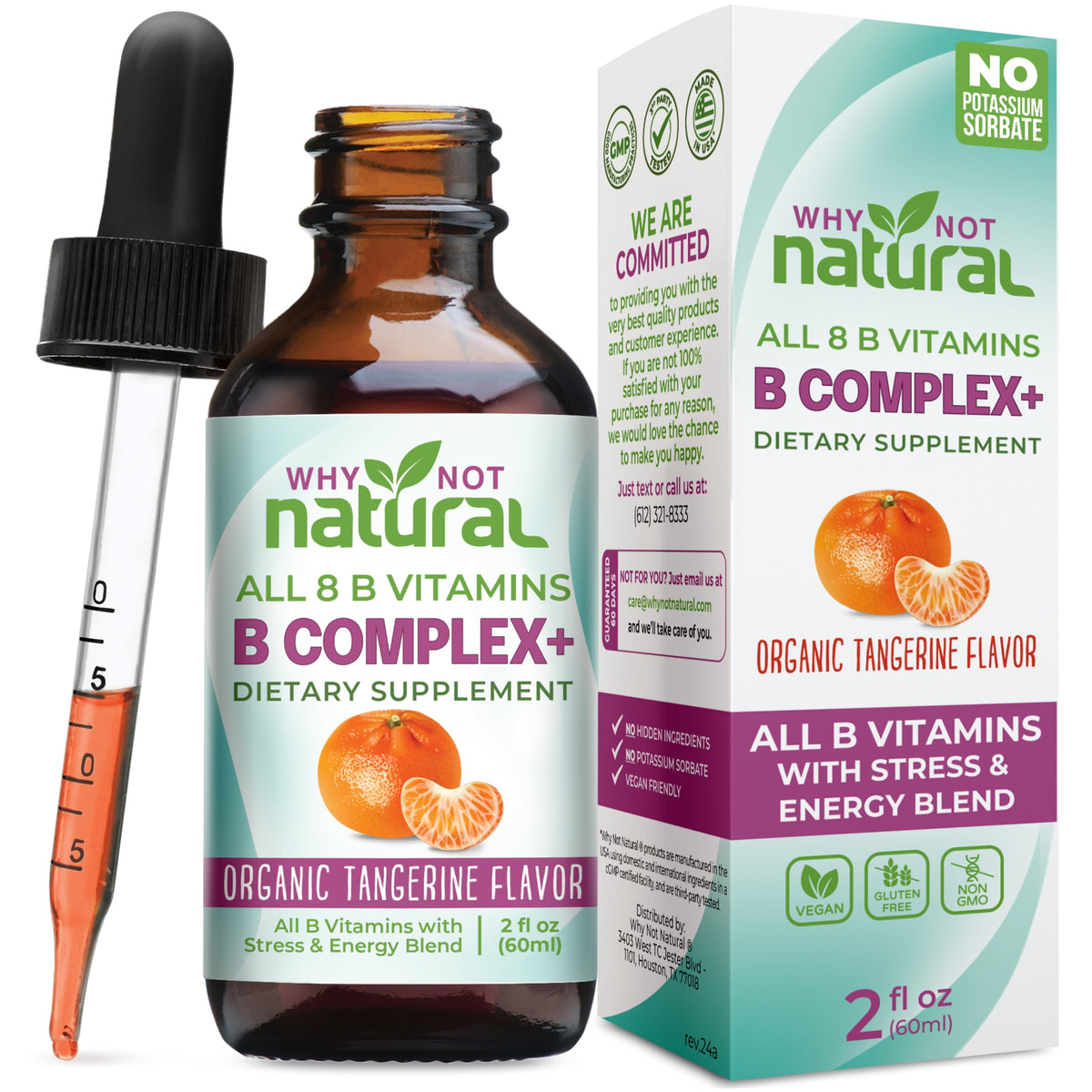 Why Not Natural B Complex+ liquid vitamin B supplement with all 8 B vitamins, organic tangerine flavor, and graduated dropper, 2 fl oz (60 mL).