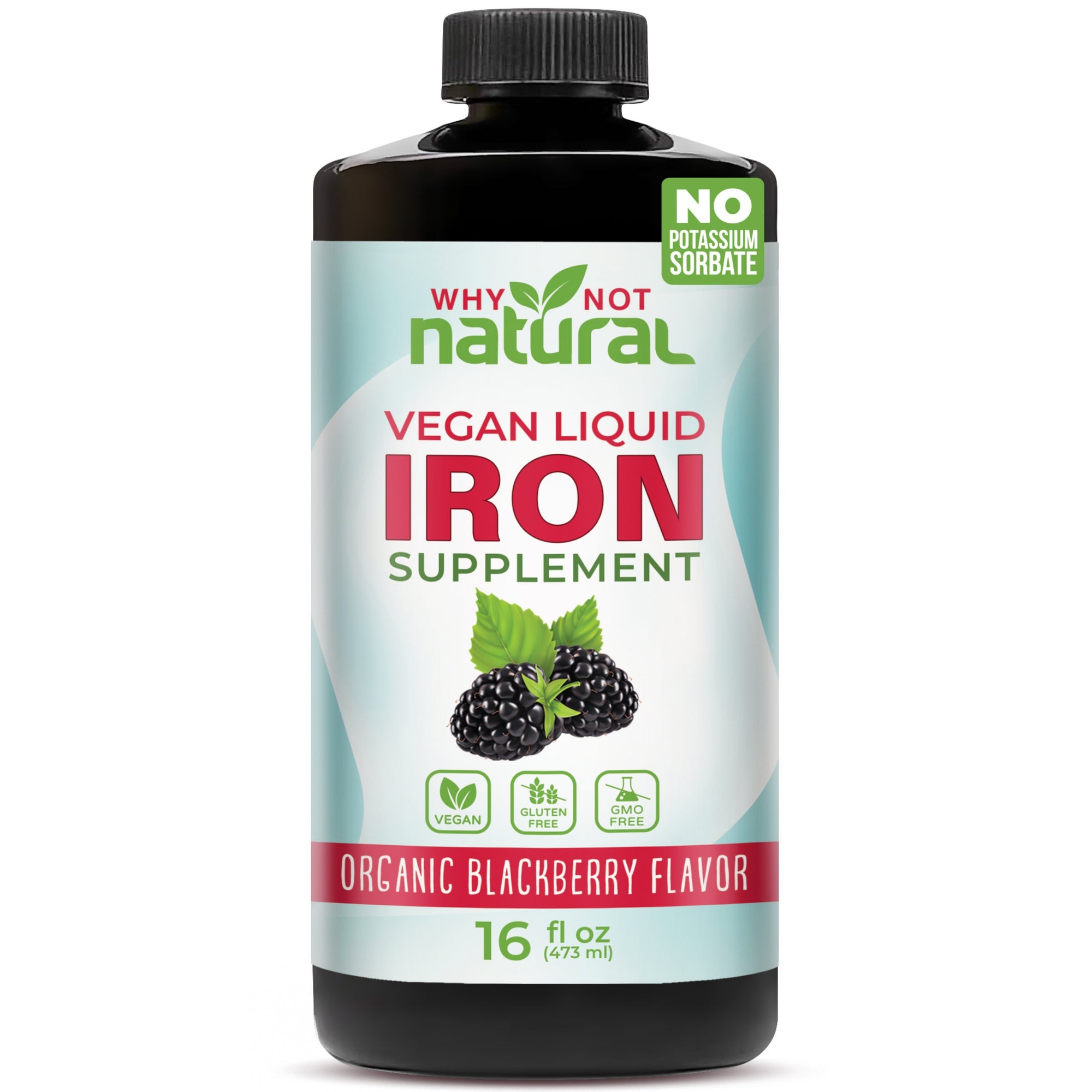 Bottle of Why Not Natural Vegan Liquid Iron Supplement with blackberry flavor on a white background