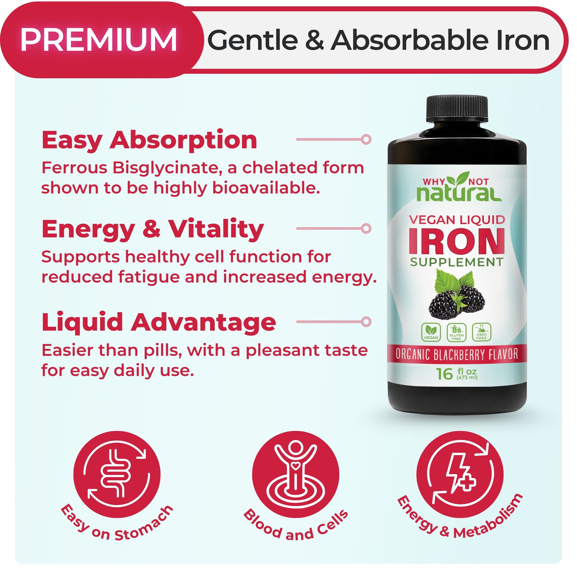 Vegan liquid iron supplement bottle with product features on a light blue background