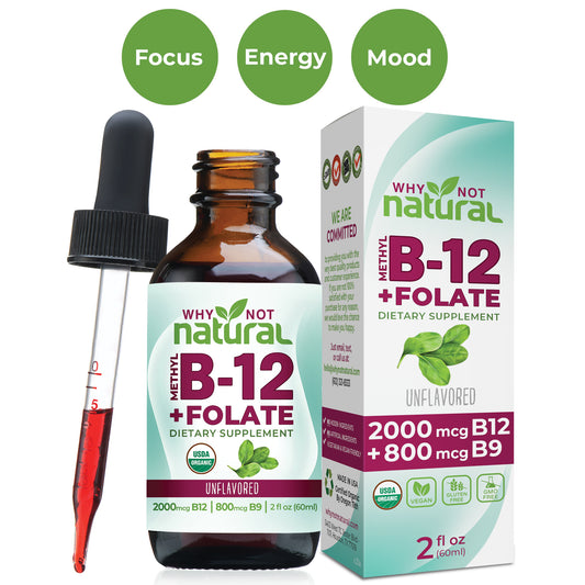 Vitamin B12 Liquid Plus Folate - Organic Sublingual Extra Strength Vegan Drops - Methyl B12 and Folinic Supplement