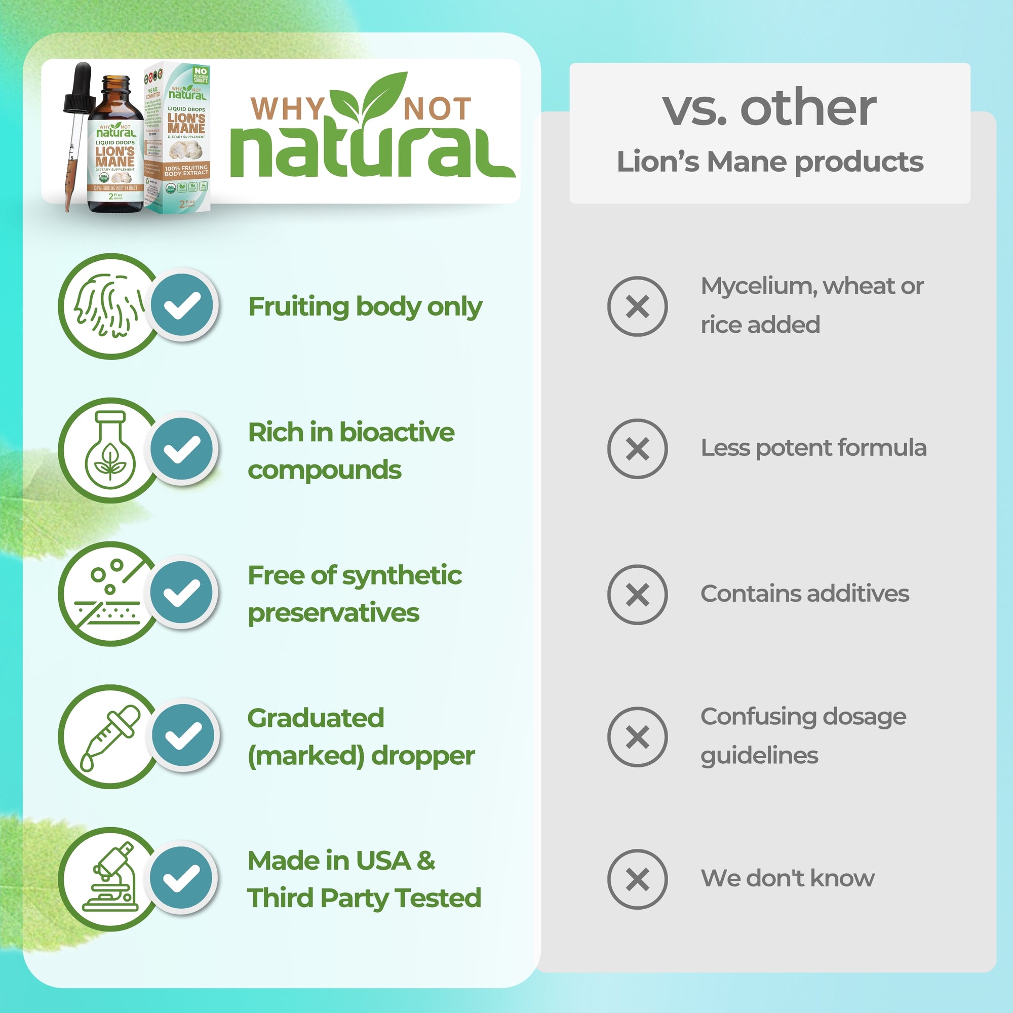 Comparison chart of why not natural lion's mane vs other lion's mane products