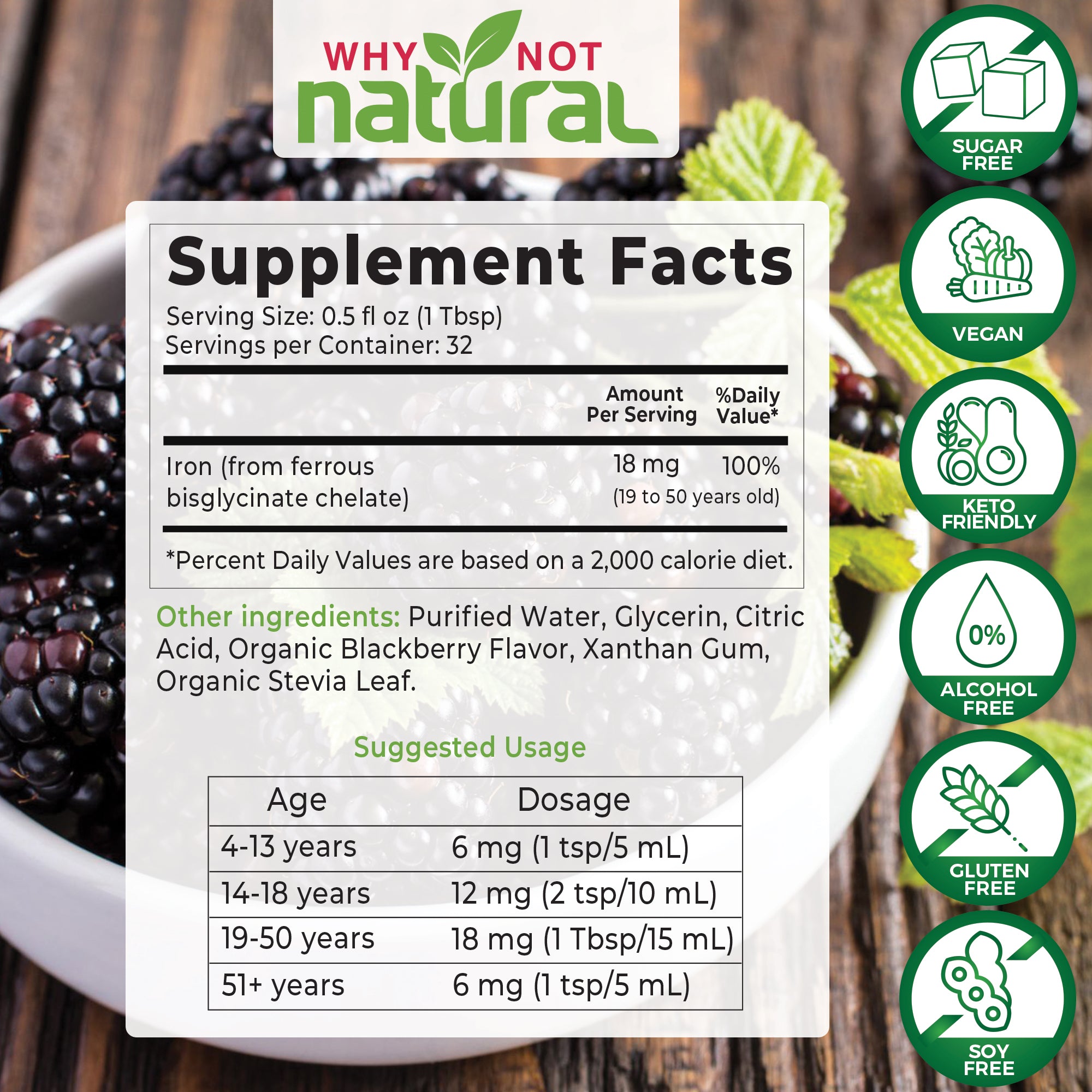 Supplement Facts. Serving size: 0.5 fl oz (1 Tbsp). Servings per container: 32. Iron (from ferrous bisglycinate chelate), 18mg per servings; 100% daily value. Other ingredients: Purified Water, Glycerin, Citric Acid, Organic Blackberry flavor, xanthan gum, organic stevia leaf. Suggested usage: Age 4-13 years = 6 mg (1 tsp/5 mL). Age 14-18 years = 12 mg (2 tsp/10 mL). Age 19-50 years = 18 mg (1 Tbsp/15 mL). Age 51+ years = 6 mg (1 tsp/5 mL).  