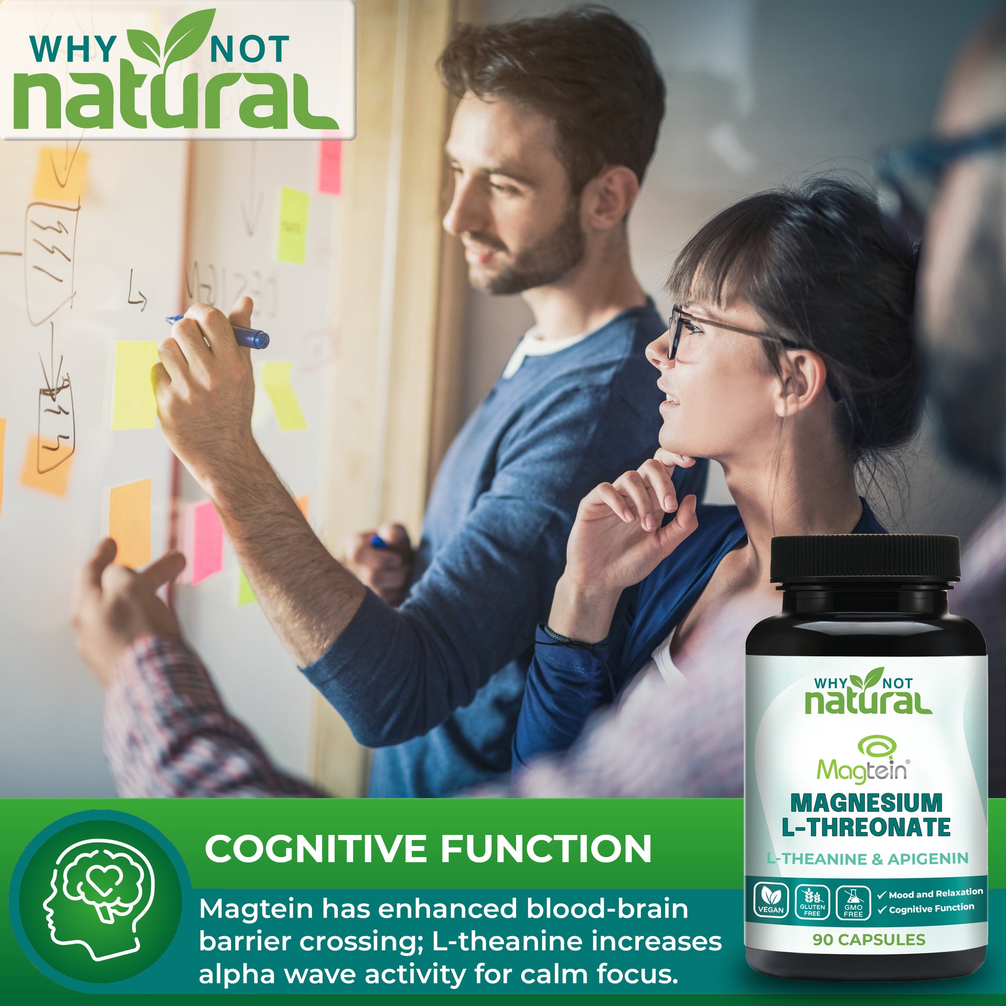 COGNITIVE FUNCTION. Magtein has enhanced blood-brain barrier crossing; L-theanine increases alpha wave activity for calm focus.