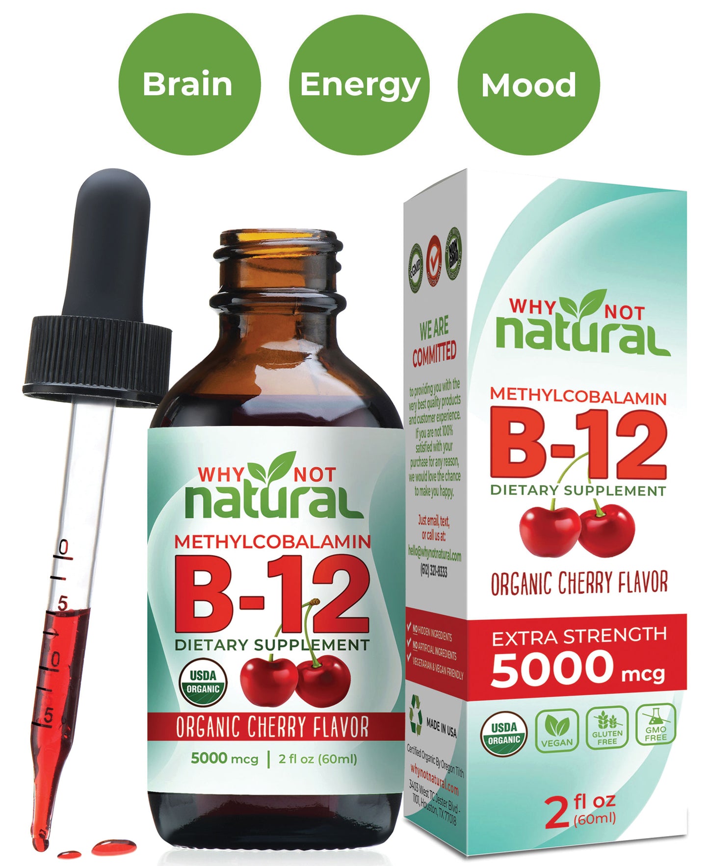 Organic Vitamin B12 Liquid Drops, Extra Strength 5000 mcg, Cherry or Unflavored