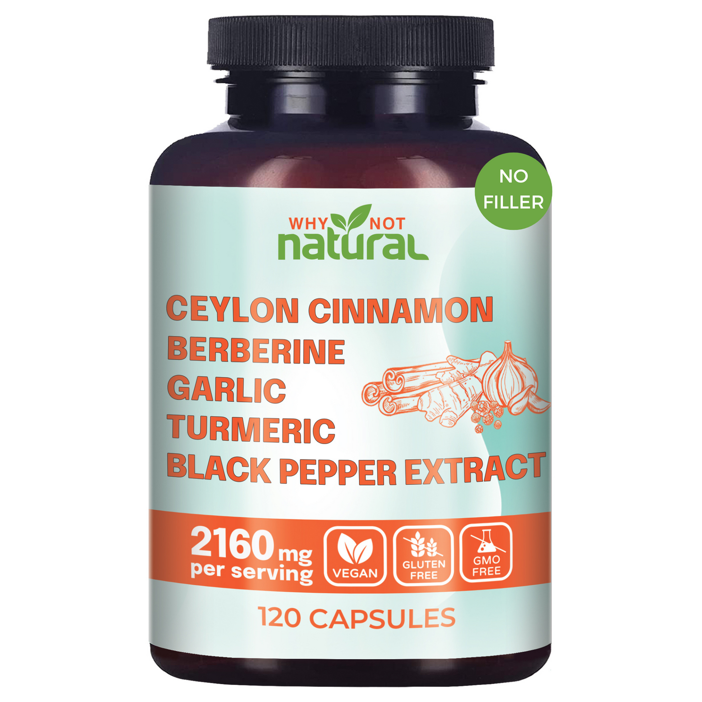 5-in-1 Organic Ceylon Cinnamon Capsules with Garlic, Berberine, Turmeric, Black Pepper Extract Pills - inflammatory Supplement and Blood Sugar Support