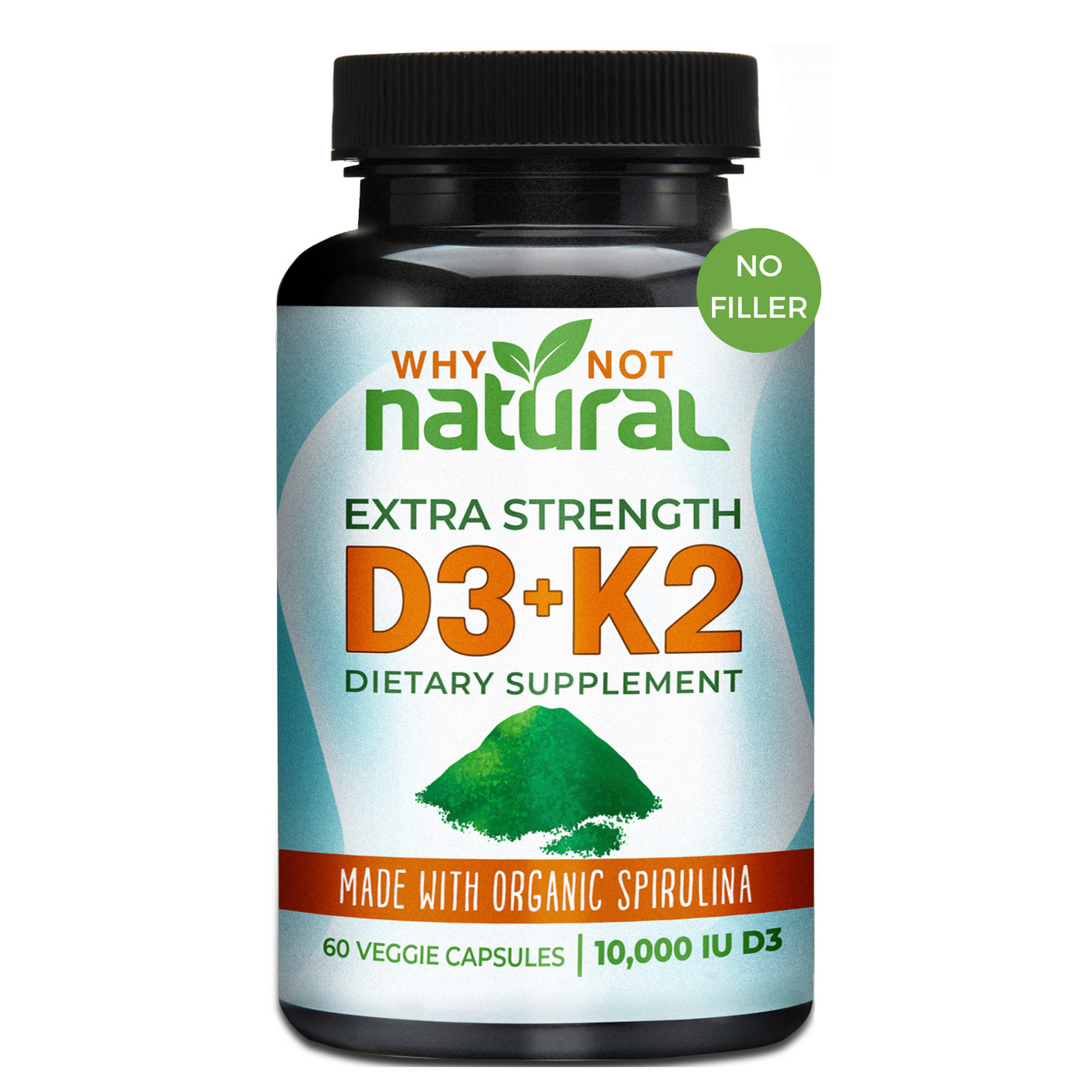 Organic Vitamin D3 With K2 capsules with Spirulina, Extra Strength 10,000 IU
