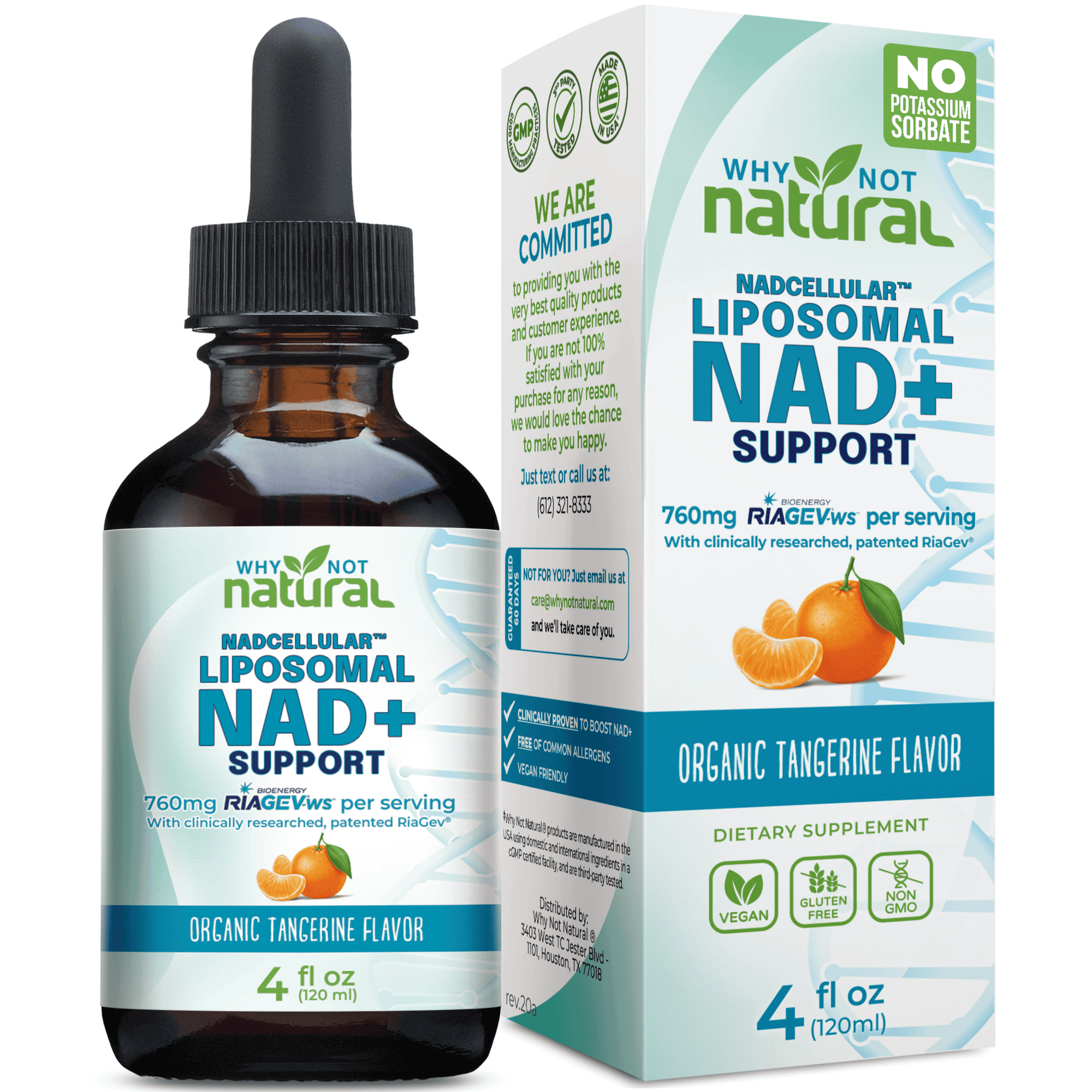 A bottle and box of Why Not Natural Maccellular Liposomal NAD+ Support dietary supplement, Organic Tangerine Flavor, 4 fl oz. The bottle is an amber glass dropper bottle with a black cap, and the box is white and light blue with orange graphics.