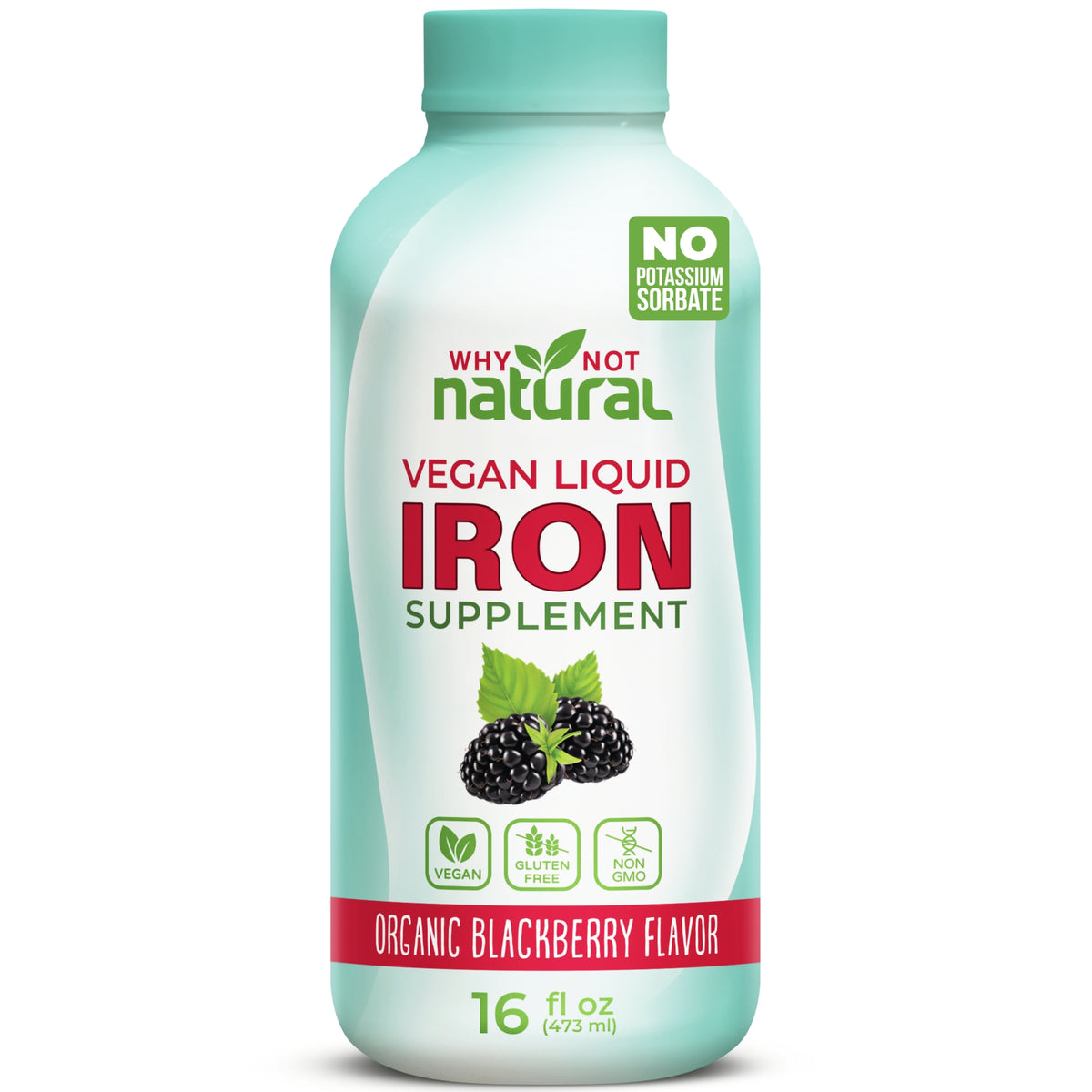 A 16 fl oz bottle of Why Not Natural Vegan Liquid Iron Supplement in Organic Blackberry Flavor. The bottle is light mint green with a white label featuring red and green text, blackberry graphics, and a green 'No Potassium Sorbate' badge.