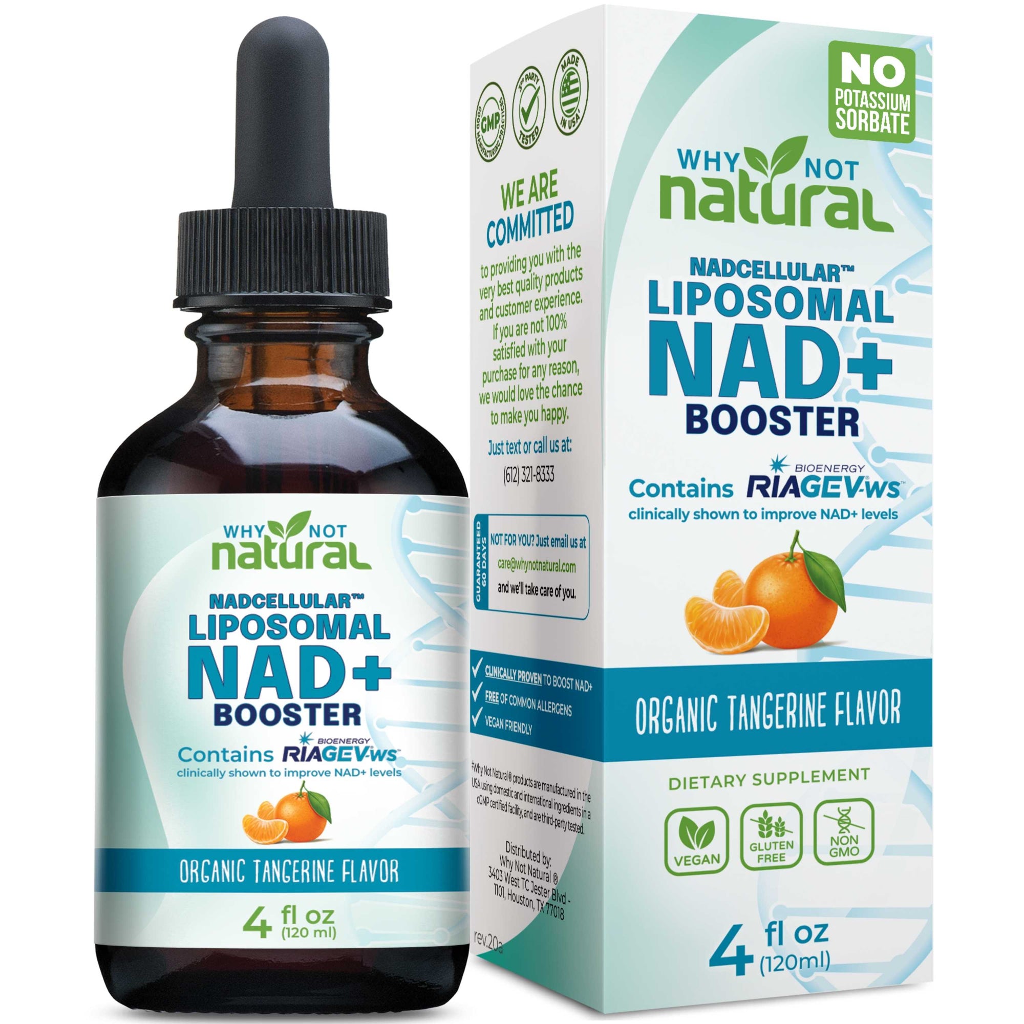 A bottle and box of Why Not Natural Madcellular Liposomal NAD+ Booster dietary supplement, Organic Tangerine Flavor, 4 fl oz. The bottle is amber glass with a black dropper cap and a white label with teal and green accents.
