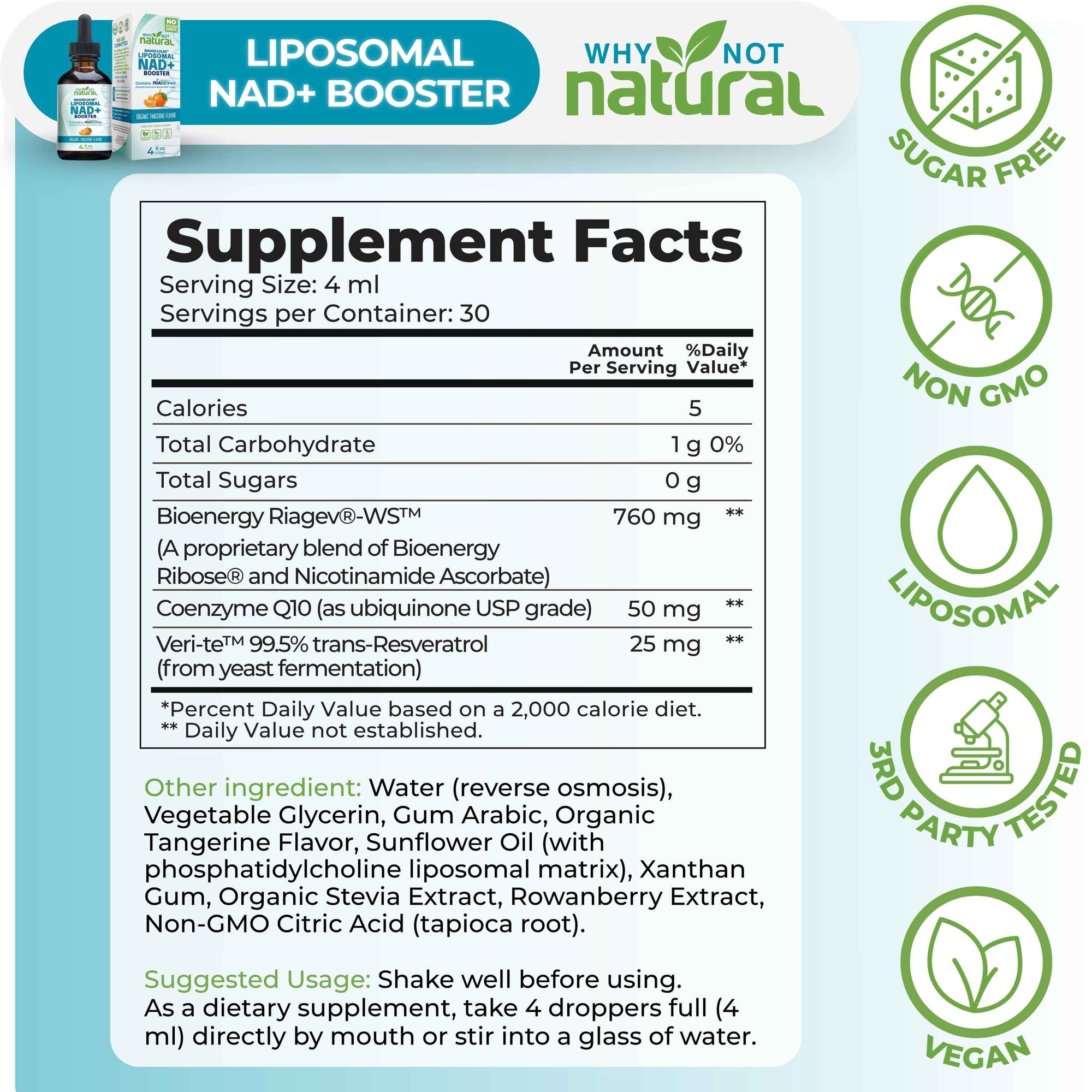 A supplement facts label for Liposomal NAD+ Booster, shown on a light blue background with product branding, ingredient text, and certification icons including Sugar Free, Non GMO, 3rd Party Tested, and Vegan.