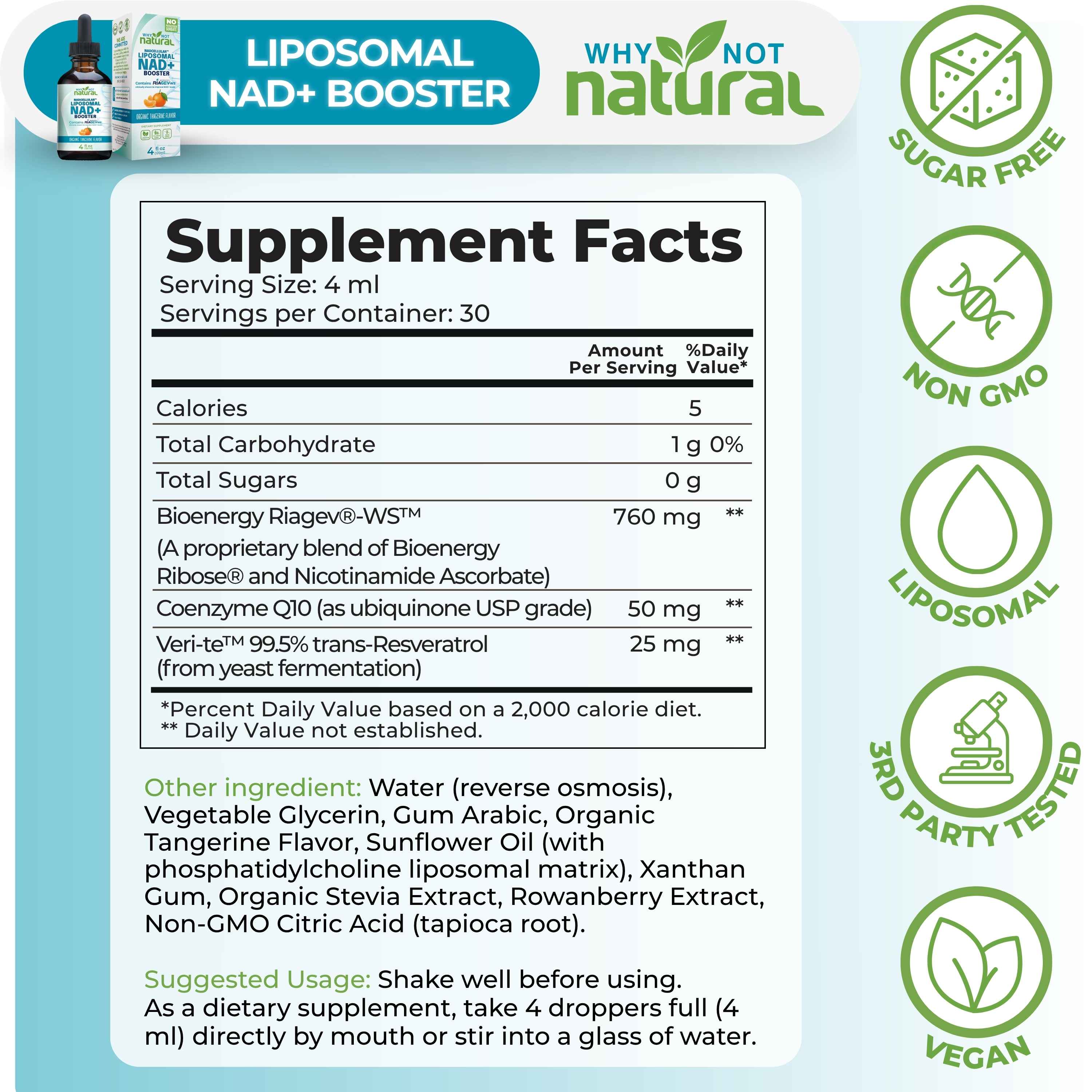 A supplement facts label for Liposomal NAD+ Booster, shown on a light blue background with product branding, ingredient text, and certification icons including Sugar Free, Non GMO, 3rd Party Tested, and Vegan.