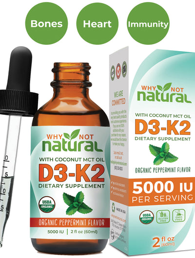 Organic Vitamin D3 Liquid Drops with K2 (MK-7) in Coconut MCT Oil