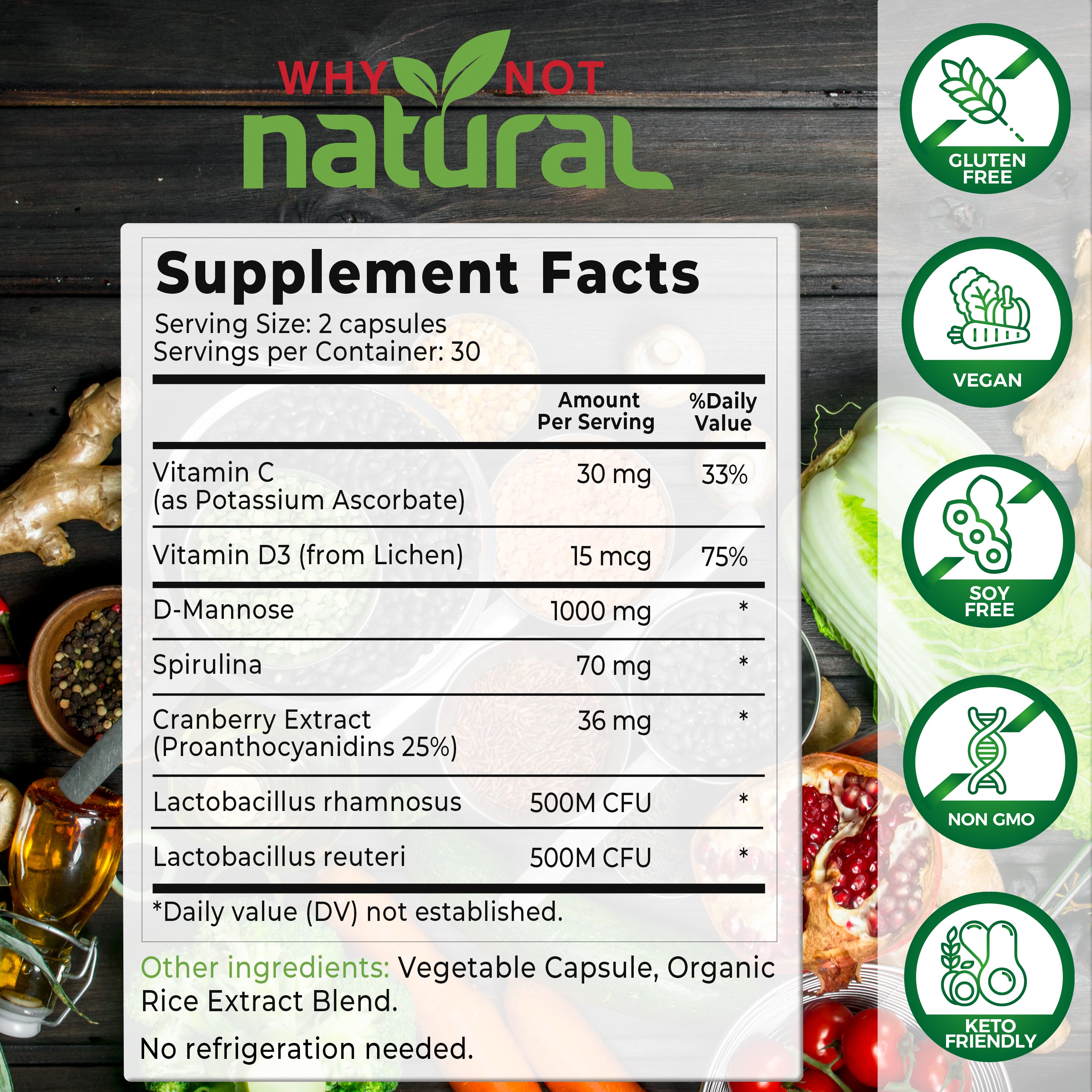 Why Not Natural urinary tract capsule supplement facts panel, with various fresh foods in background including pomegranate, cabbage, and ginger. Icons along right describing benefits such as a helix saying "non GMO".