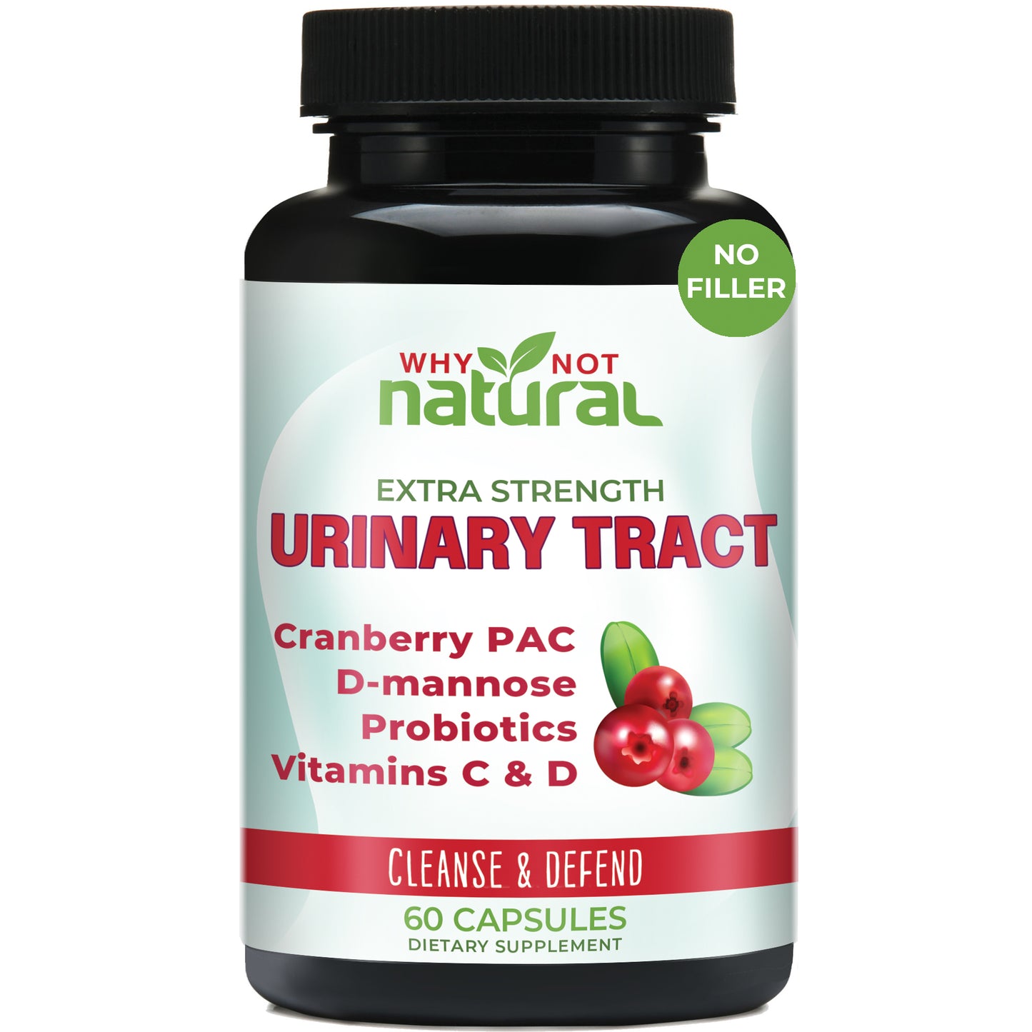 Bottle of Why Not Natural urinary tract capsules on white background with "no filler" icon.