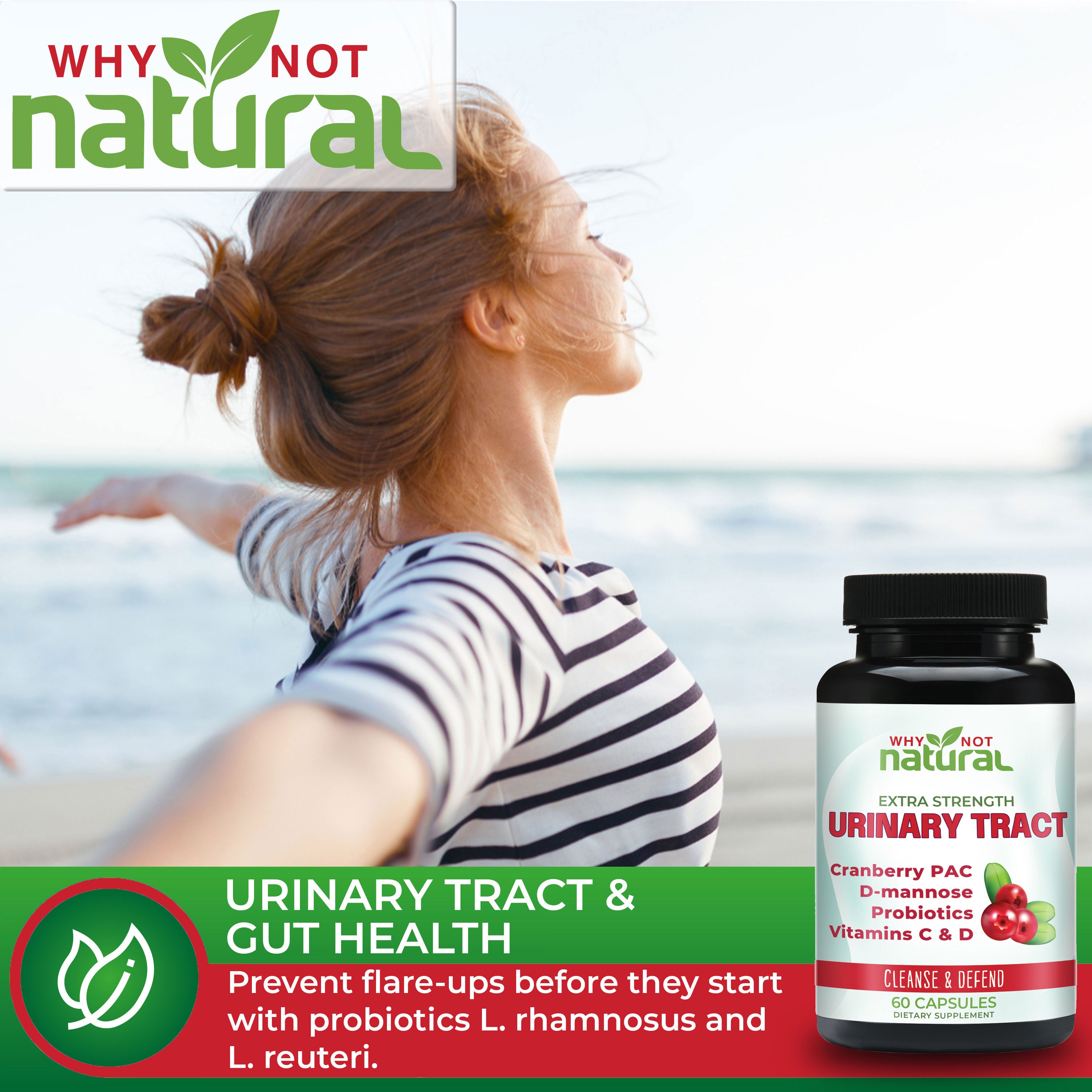 Woman with outstretched arms on beach looks away from camera in background. "Urinary tract & gut health" text and description with bottle of urinary tract blend capsules in foreground.