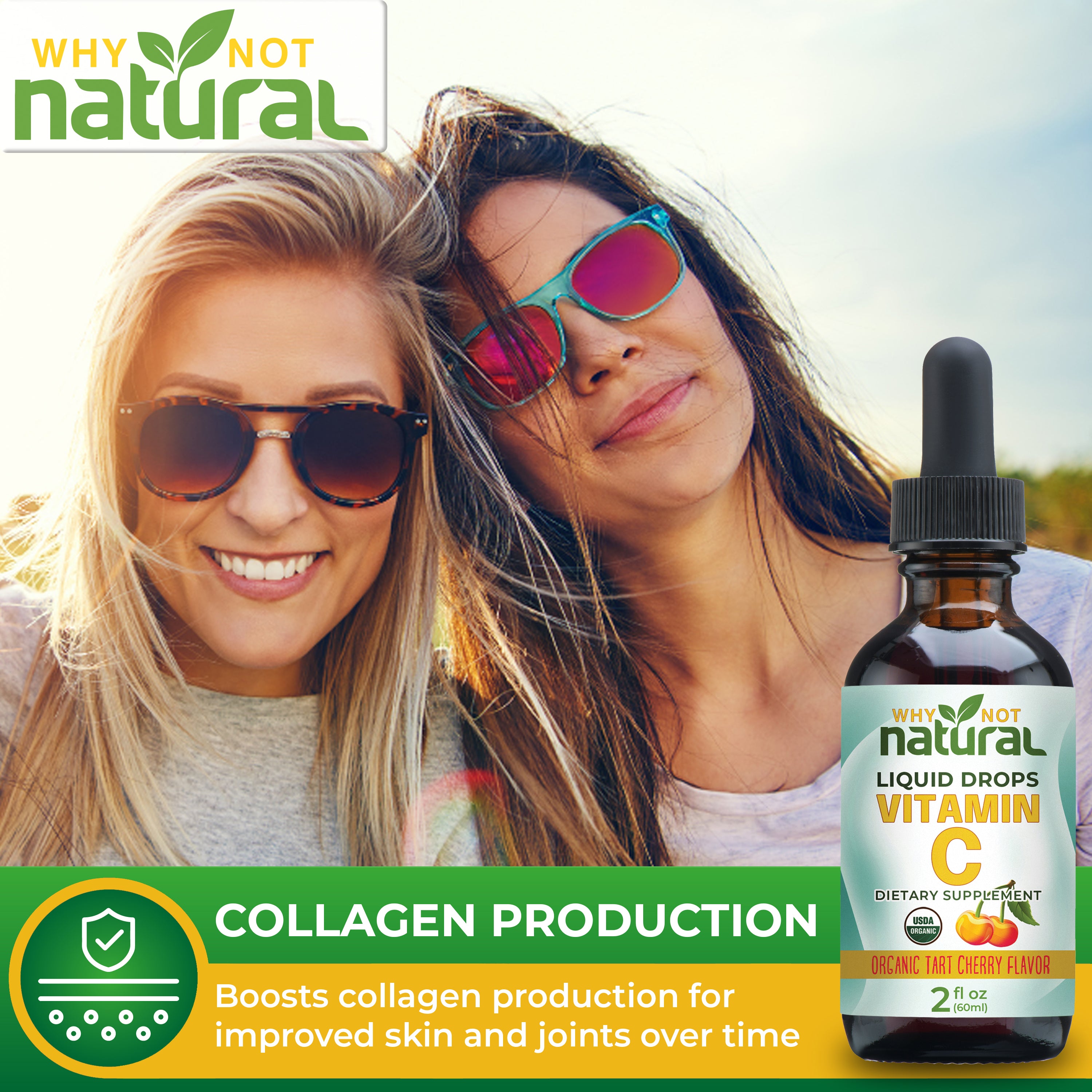 Picture of two women in sunglasses in background with foreground showing bottle and "Collagen production" text.