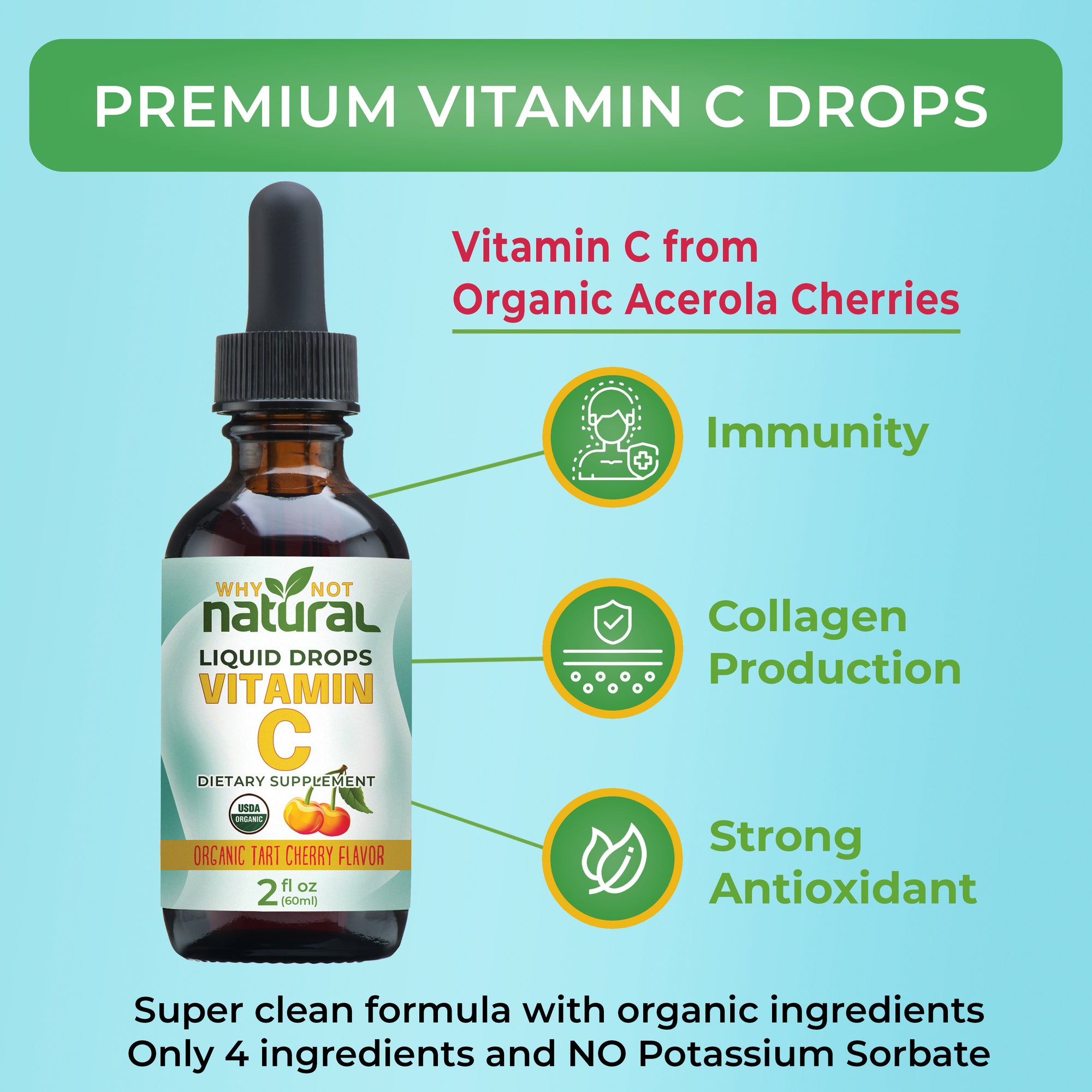 Image of Why Not Natural vitamin C bottle with icons representing immunity, collagen production, and strong antioxidant.