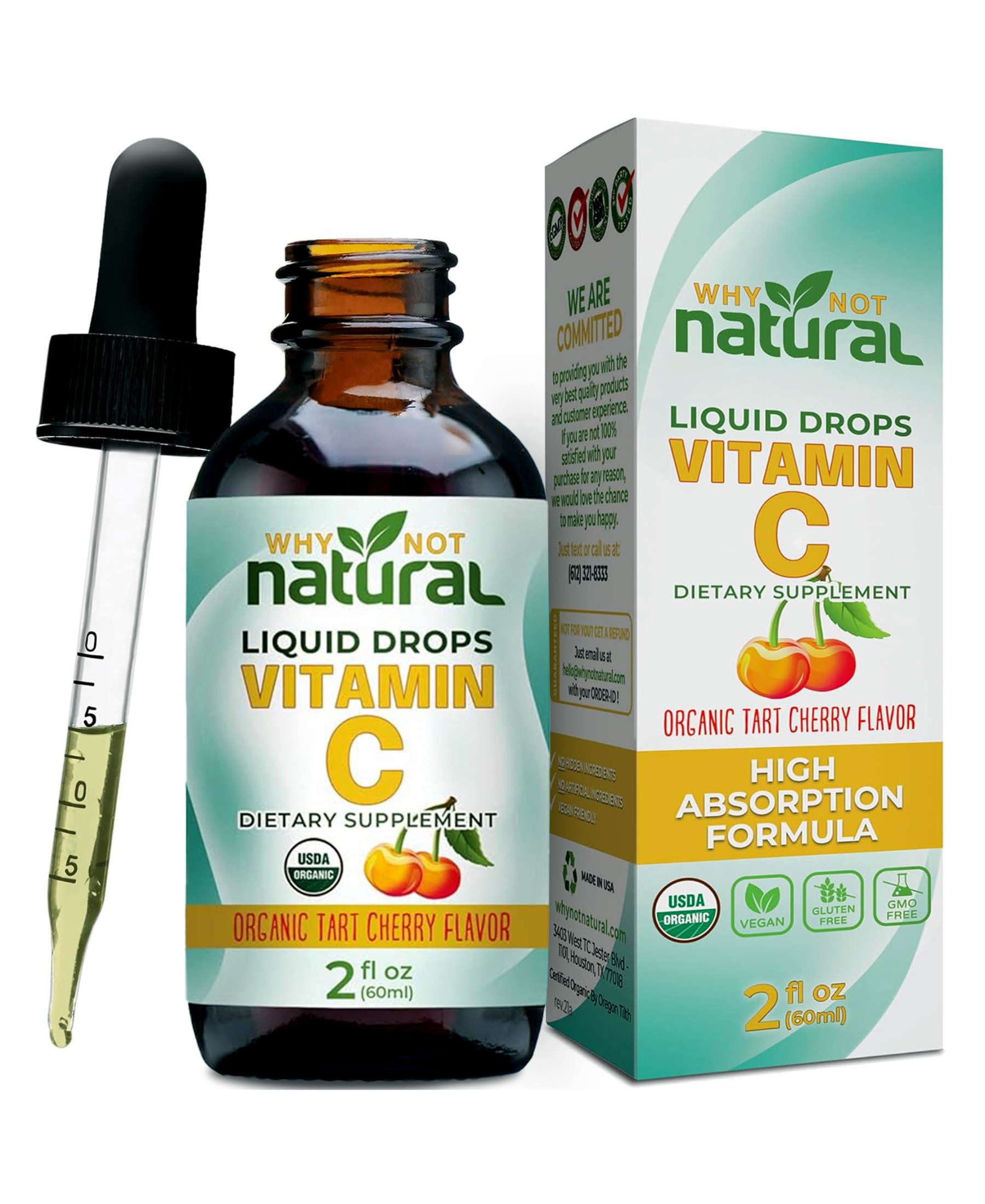 Box, dropper, and bottle of Why Not Natural vitamin C showing dropper partially full and USDA organic certification logo.