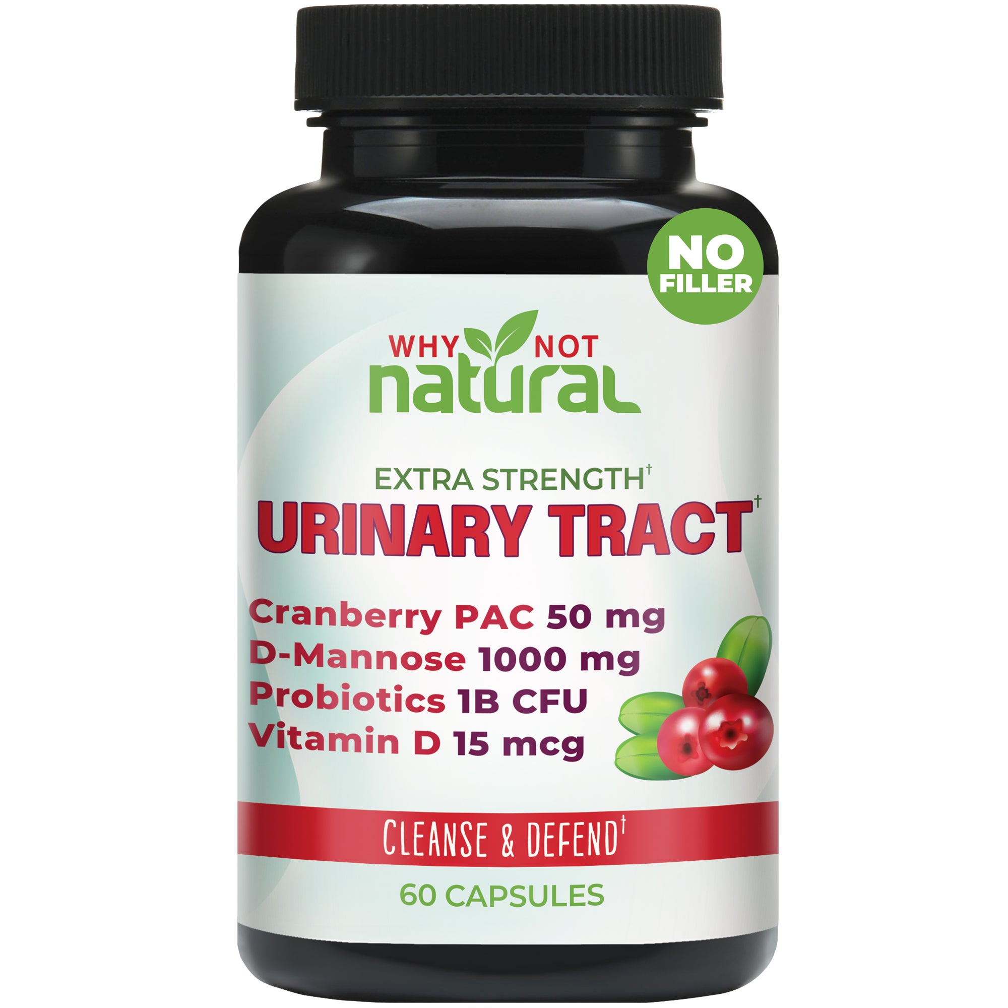 Supplement bottle labeled 'Why Not Natural' for urinary tract health on a white background