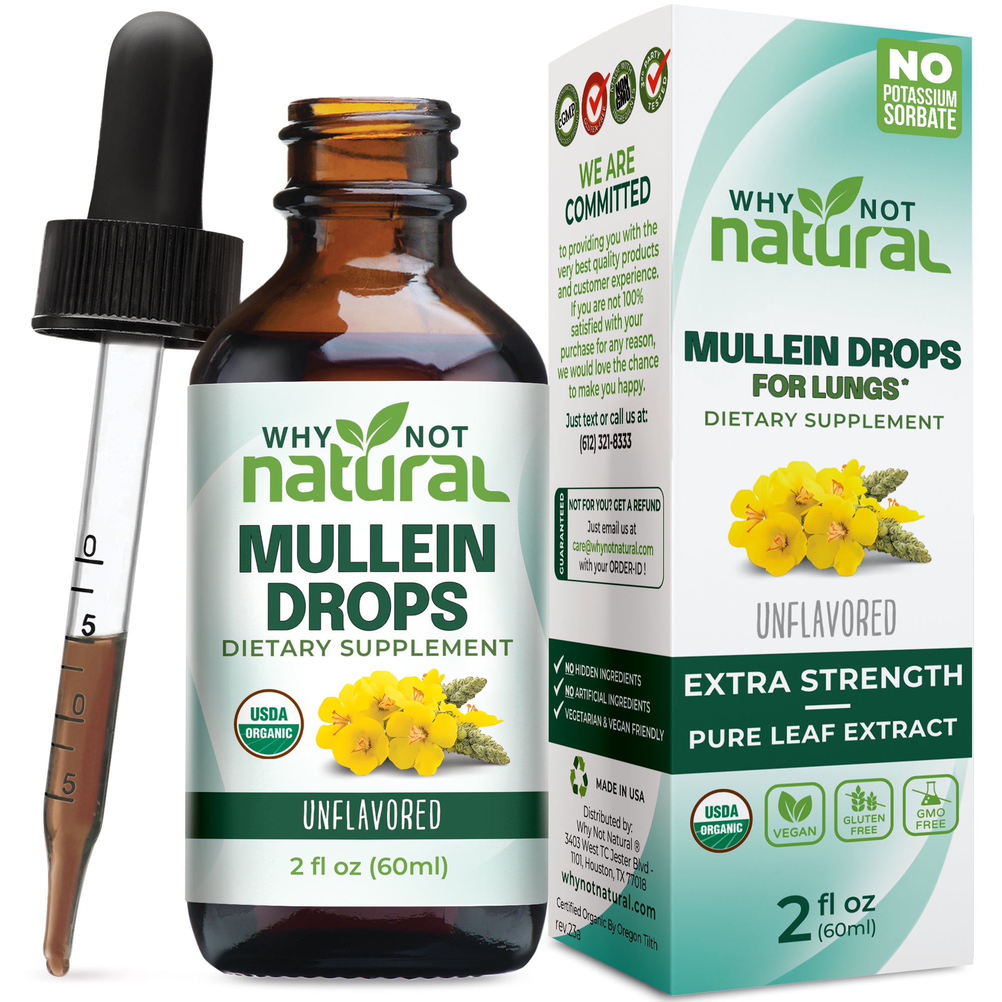 Why Not Natural Mullein Drops dietary supplement bottle and packaging on a white background