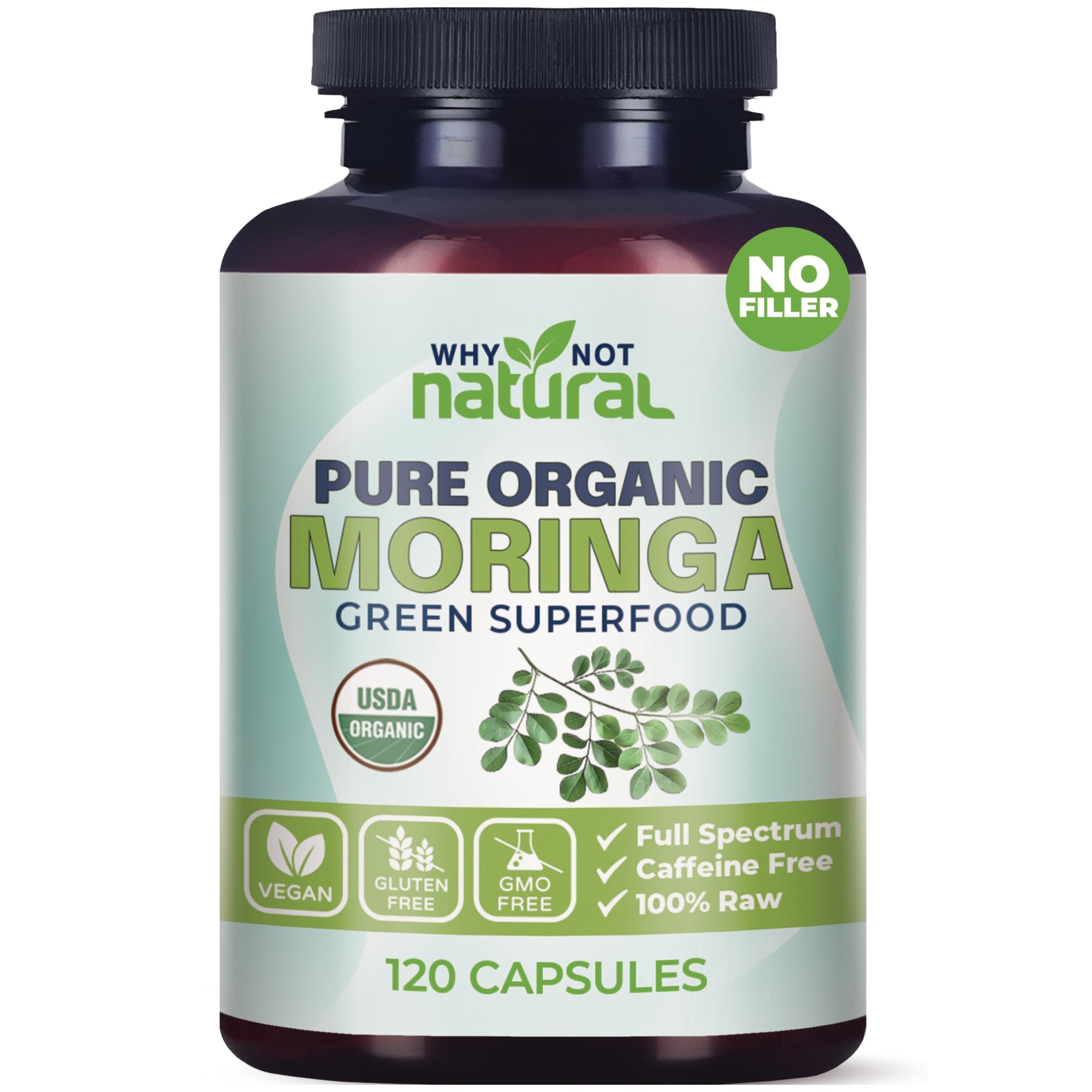 A bottle of Why Not Natural Pure Organic Moringa Green Superfood with 120 capsules. The label indicates the product is vegan, gluten-free, and non-GMO with full spectrum and caffeine-free.