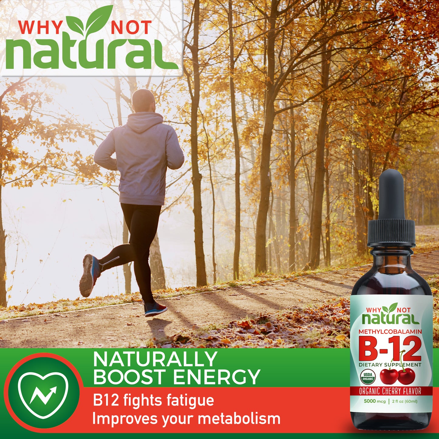 Organic Vitamin B12 Liquid Drops, Extra Strength 5000 mcg, Cherry or Unflavored
