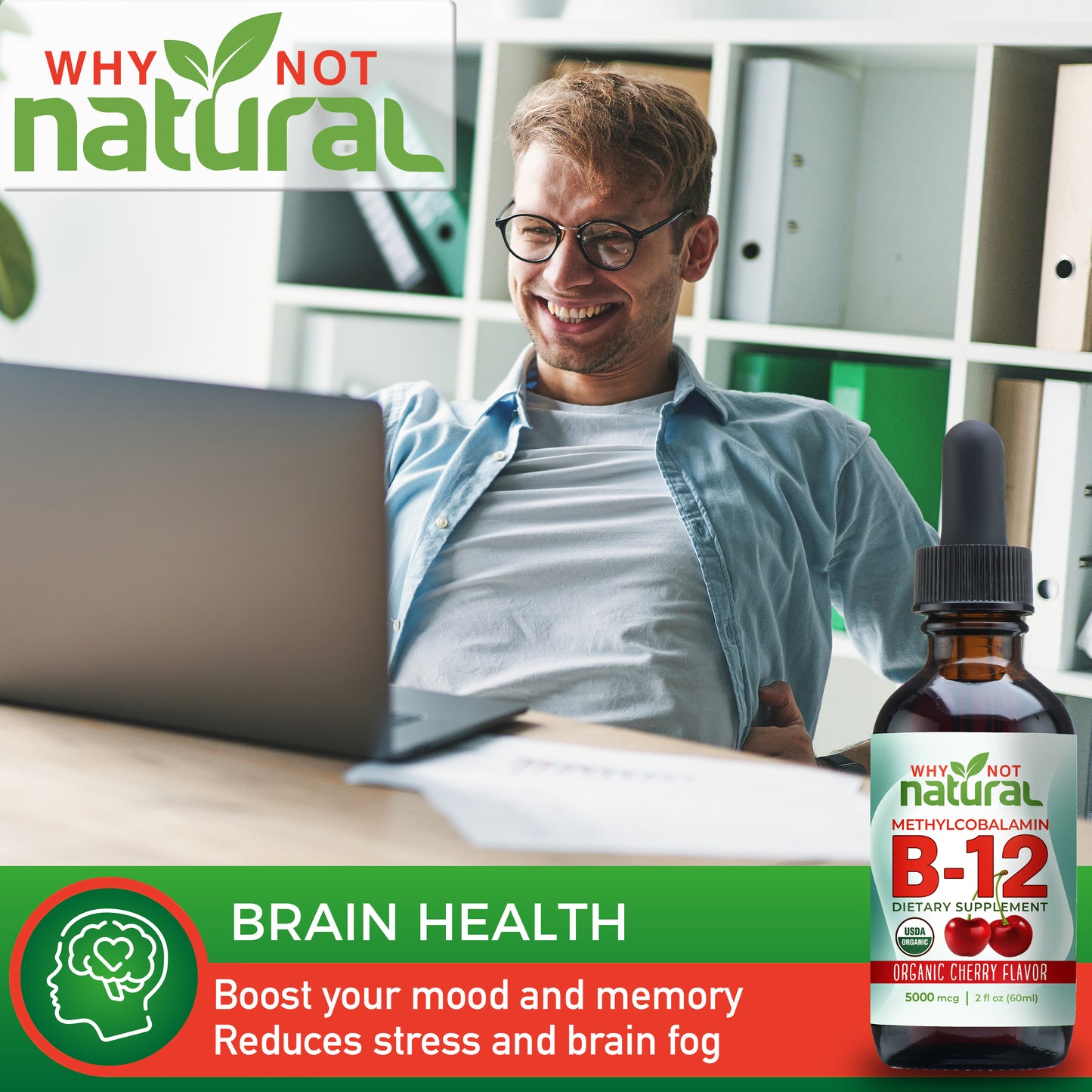 Supports Focus, Energy, Metabolism & Mood: Organic Vitamin B12 Liquid Drops, Extra Strength 5000mcg, Cherry or Unflavored