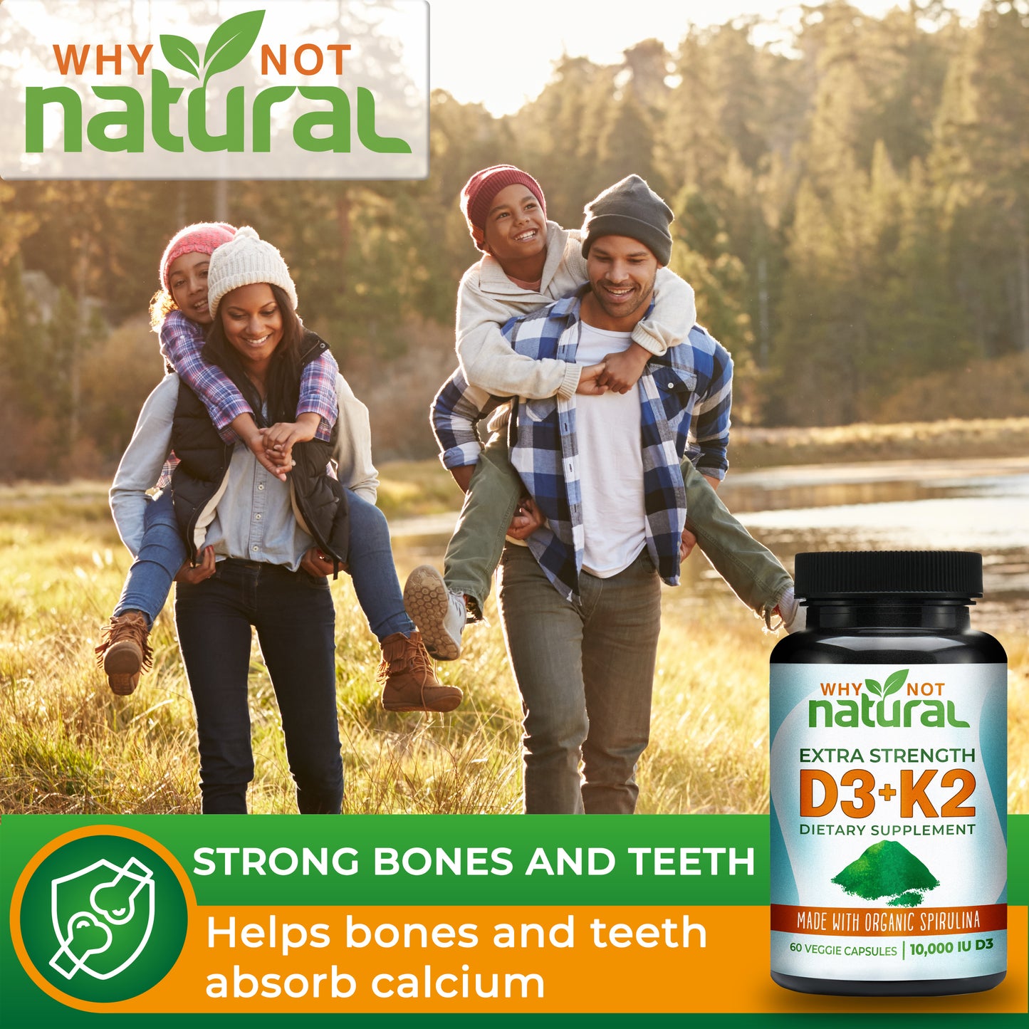 Organic Vitamin D3 With K2 capsules with Spirulina, Extra Strength 10,000 IU