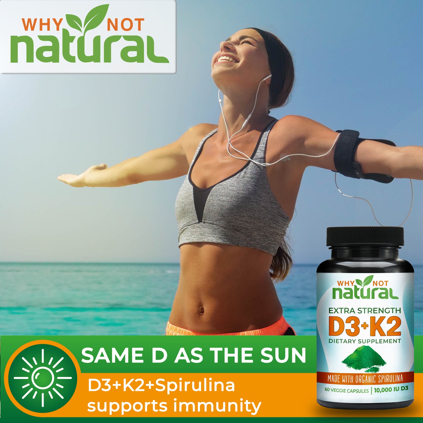Supports Mood, Heart and Bones, and Immunity: Organic Vitamin D3 With K2 capsules with Spirulina, Extra Strength 10,000 IU