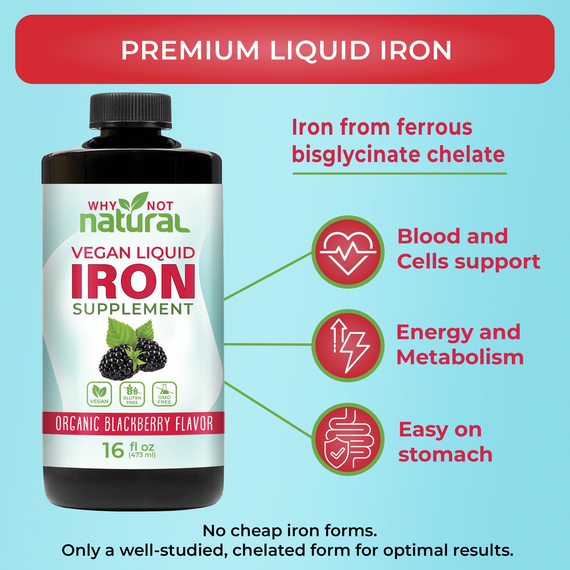 Premium Liquid Iron. Iron from ferrous bisglycinate chelate. Blood and cells support. Energy and metabolism. Easy on stomach. No cheap iron forms. Only a well-studied, chelated form for optimal results