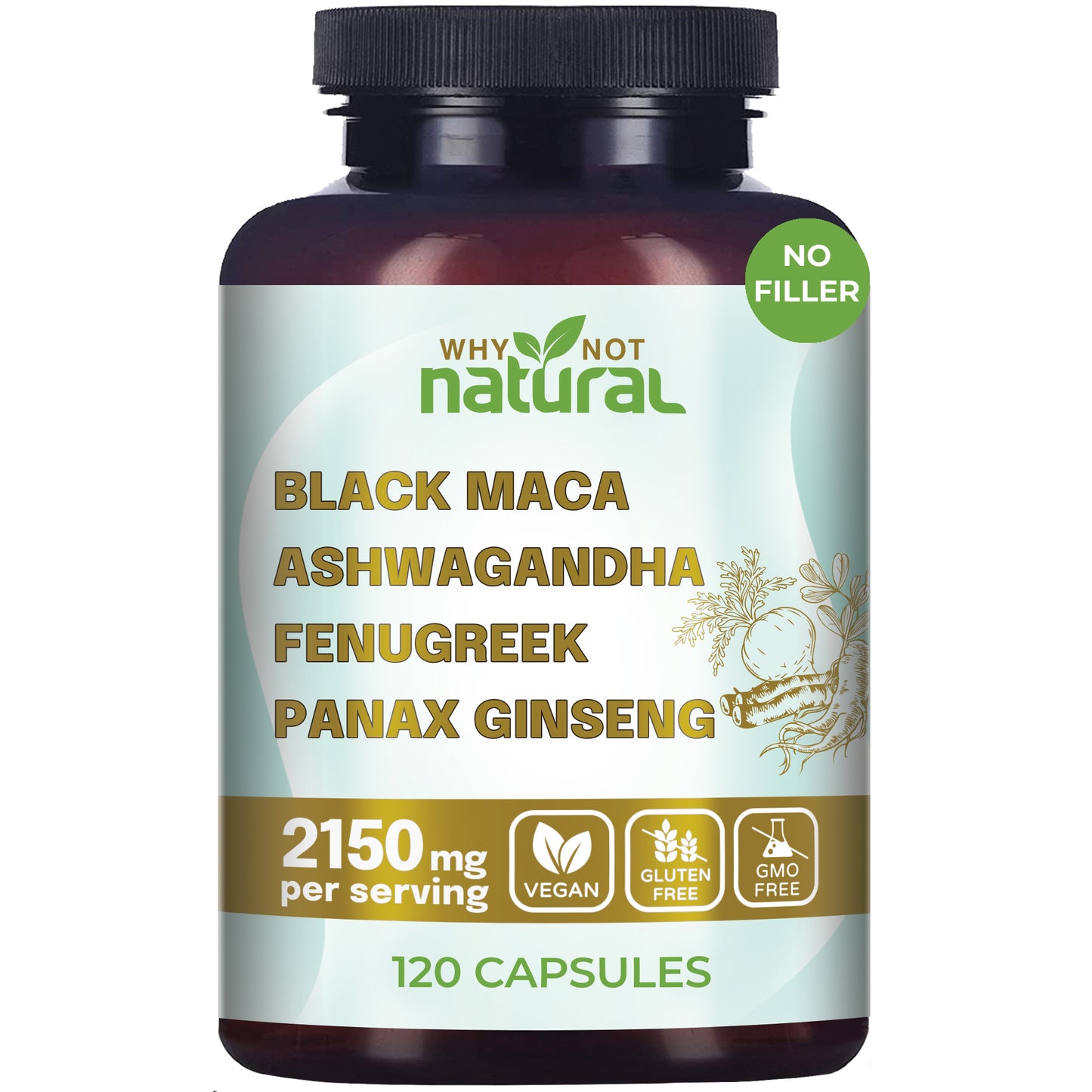 4-in-1 Organic Black Maca Root, Ashwagandha, Fenugreek, Panax Ginseng Pills, Supplement for Men and Women