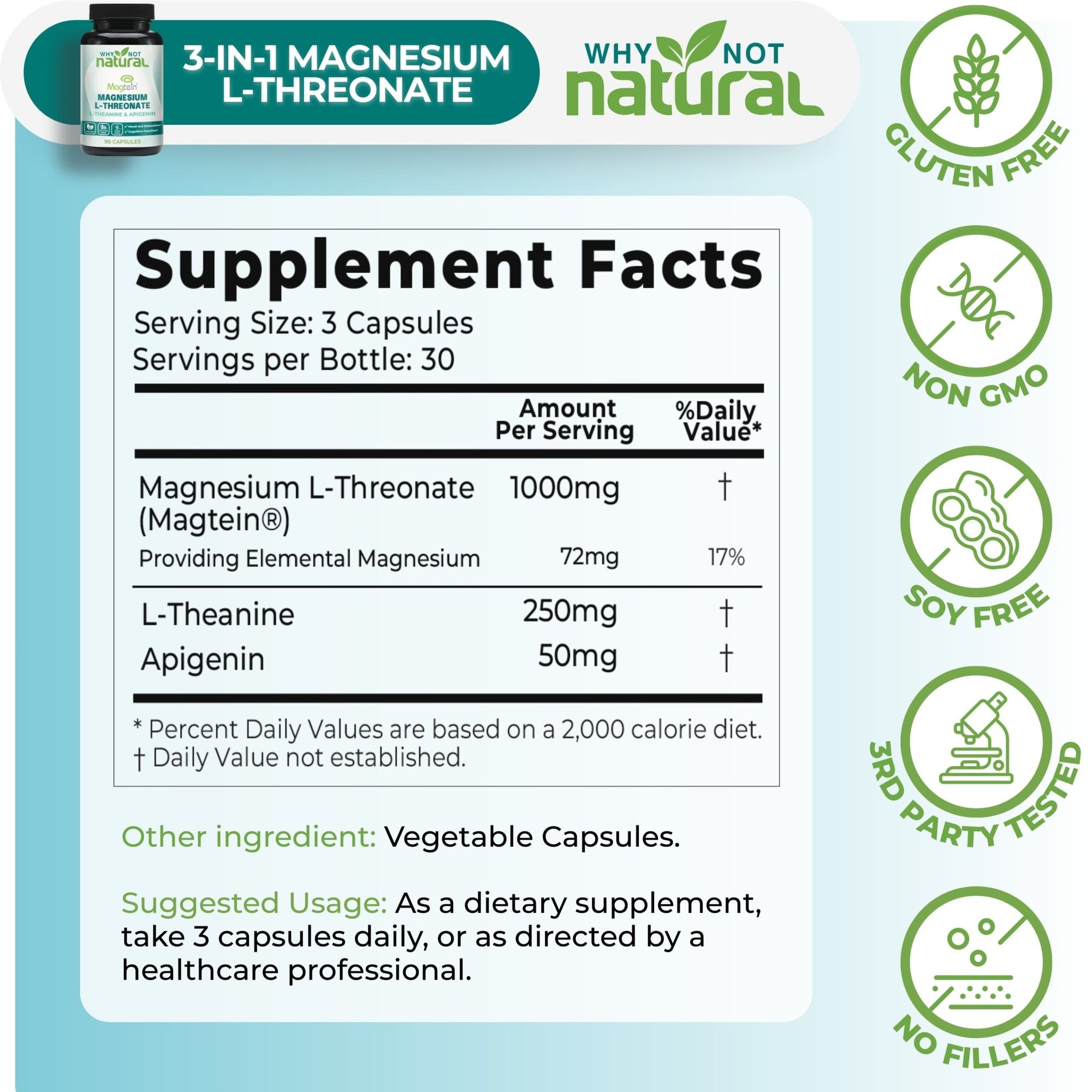Supplement facts label for 3-IN-1 Magnesium L-Threonate with 'Why Not Natural' branding.