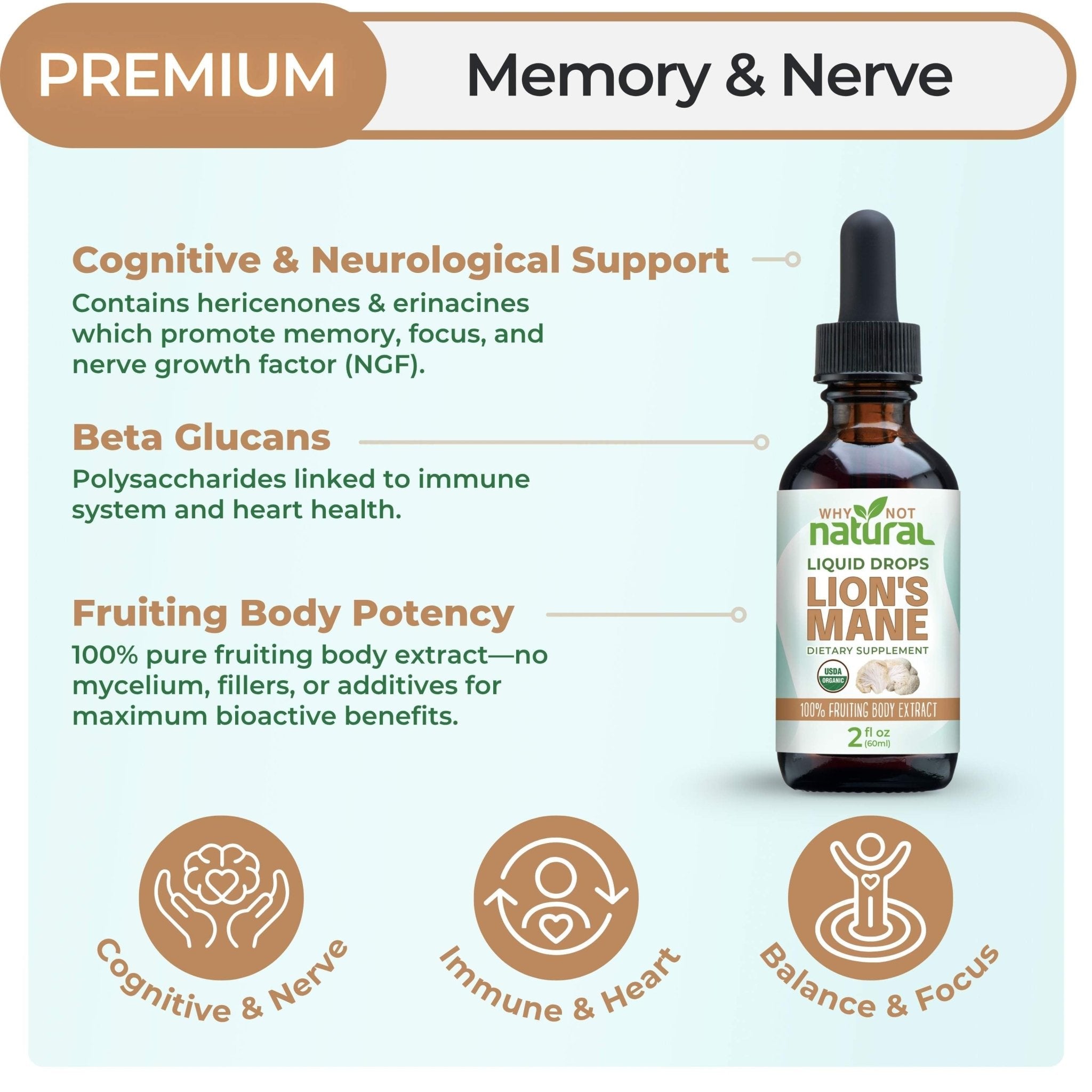 Organic Lions Mane Liquid Extract Mushroom Tincture - WhyNotNatural